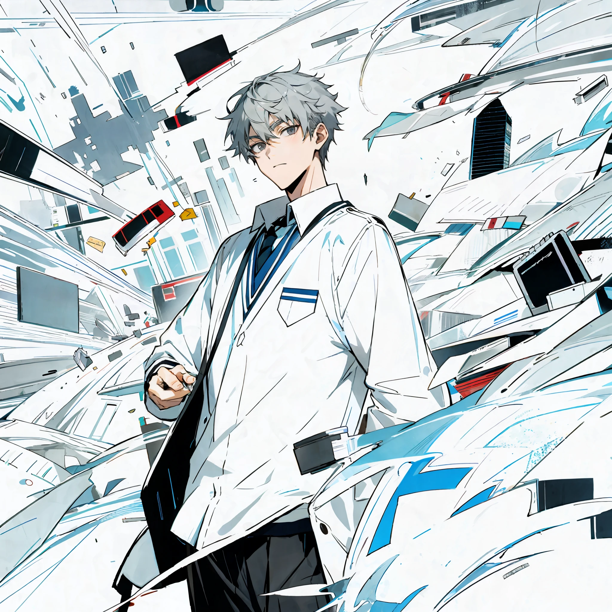 Boy, gray hair, gray eyes, school uniform, high school student