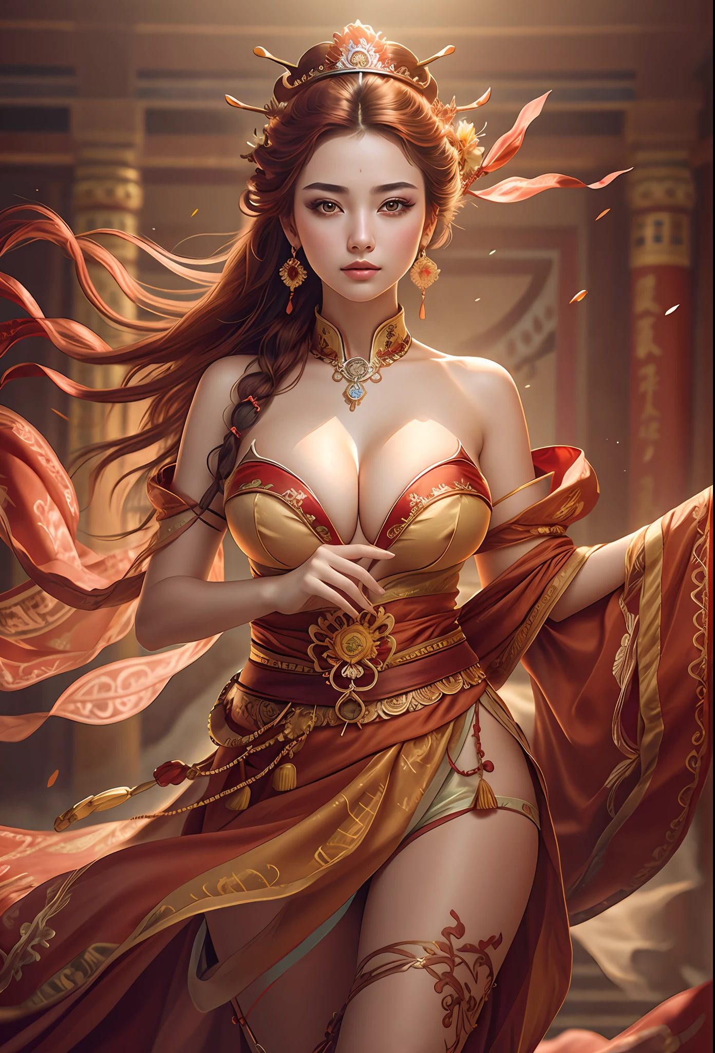 Best quality,masterpiece,ultra-detailed high res,(photorealistic:1.4),raw photo,,illustration,
1girl dancing,(solo:1.2),(cowboy shot:1.2),(hair crown:1.2),Traditional chinese dunhuang style clothes,Strapless,(red eyeliner:1.2),(big breasts:1.4), earrings,dynamic angle,Opera House,messy_long_hair,ink,cinematic lighting,lens_flare,Velvet,chrysanthemum,Tassel,Ribbon,color embroidery,