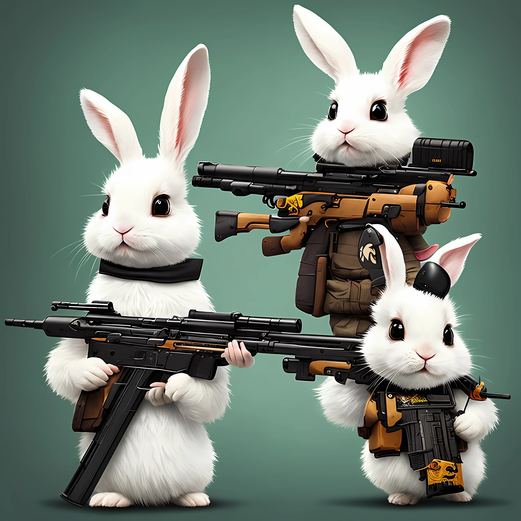 cute bunny holding a shotgun with an evil spancing on his face