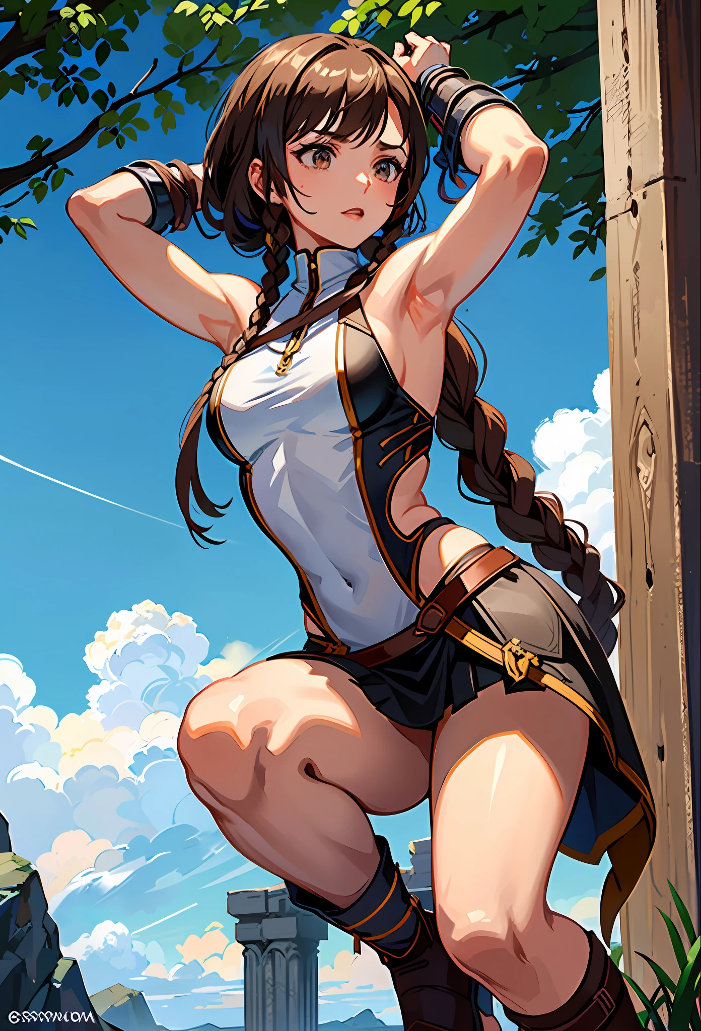 Solo, Kassandra (from assassin's creed oyssey, 1female, stron, toned abs, brown hair with side braids, brown eyes, light brown skin, Greek) wearing a one-piece armor, shoulders showing, squatting with arms up, armpit. ((masterpiece), best quality, ultra high resolution)
