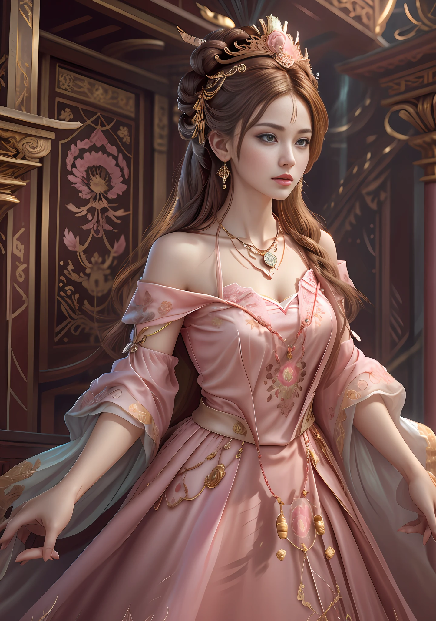 Best quality, masterpiece, ultra-detailed high resolution, (realistic: 1.4), original photo, illustration, pink + gold ribbon,
1 Girl Dancing, (Solo: 1.2), (Cowboy Lens: 1.2), (Hair Crown: 1.2), Chinese Dunhuang Traditional Costume, No Straps, (Red Eyeliner: 1.2), (: 1.4), (V-Neck: 1.5), (Large Necklace: 1.4), Lace Armor, (Eye: 1.4), Look at the Audience, Earrings, Dynamic Angle, Opera House, messy_long_hair, Ink, Movie Lights, lens_flare, Velvet, Chrysanthemum, Tassels, Ribbons, Colorful embroidery, white gold pink