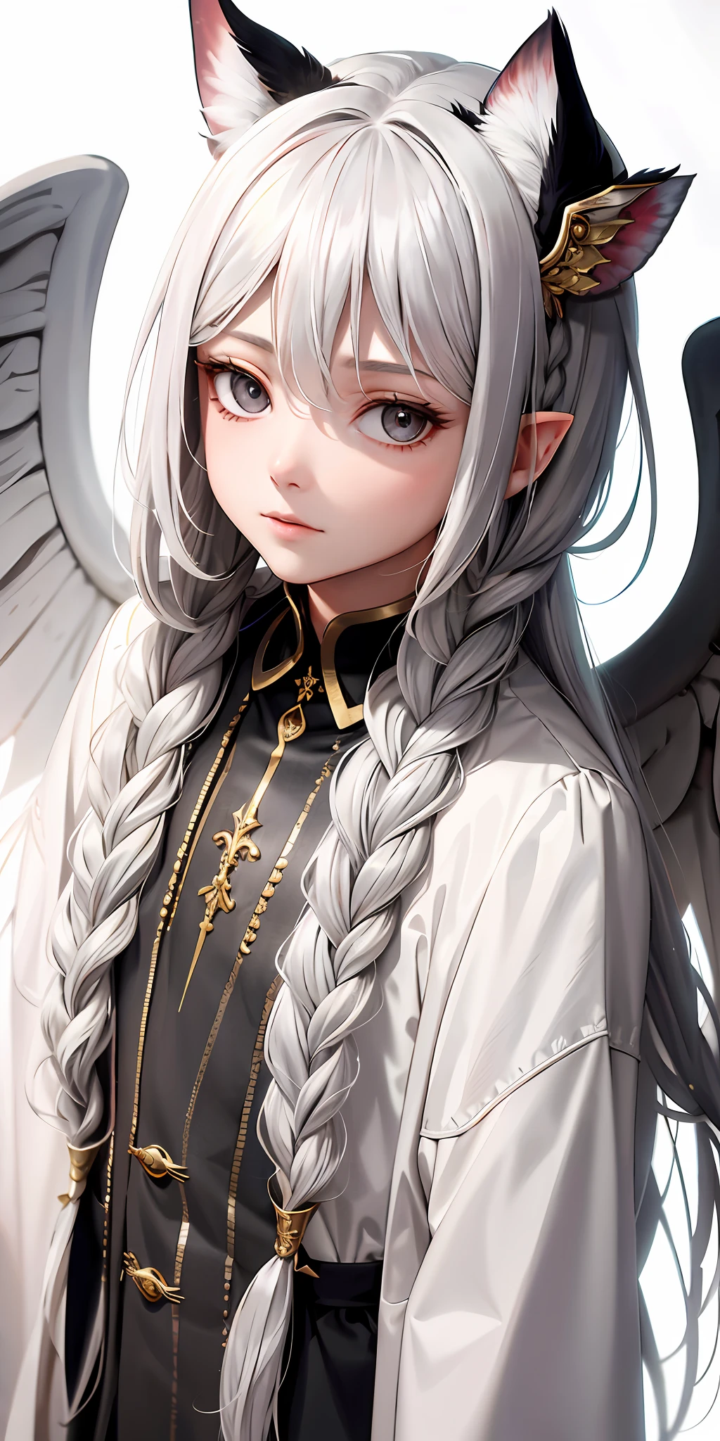 Top quality, masterpiece, gray hair, gold-eyed, white clothes, look up, upper body, hair strands, fair skin, side braids, elf ears, wings