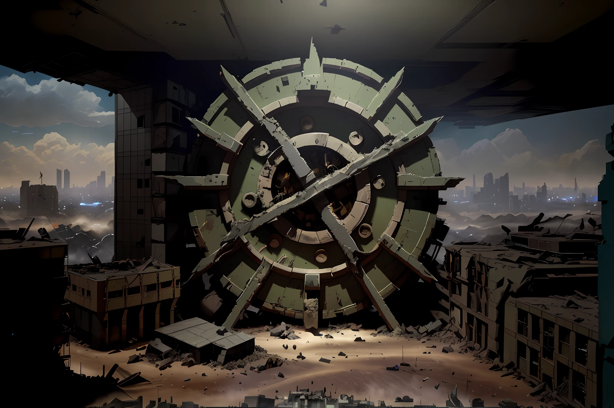 ((Epic, cinematic)) saviors of humanity engaged in fierce duels against extraterrestrial invaders amidst the wreckage of a post-apocalyptic cityscape, with their weapons unleashing devastating explosive projectiles, dust, and debris ejected in the midst of a chaotic, high-octane battle