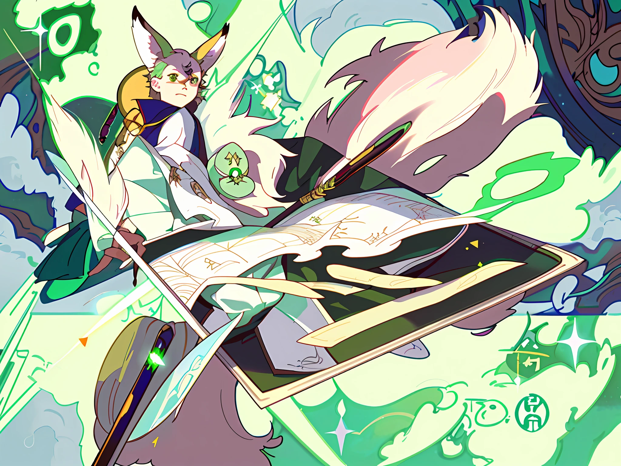 Someone holding a pen and tablet, holding a magic wand in his hand, with a fox on it, plus envelope flying out elements, Western elements, background more details and more refinement, Japanese animation style, Harry Potter's hands, Harry Potter elements, magic light, green tones, anime illustrations, the picture is more refined, add more Harry Potter elements, the picture is richer, reflect the feeling of a magician, the green square is painted with the logo of PS software, reduce the light effect, add more details, the feeling of a magician