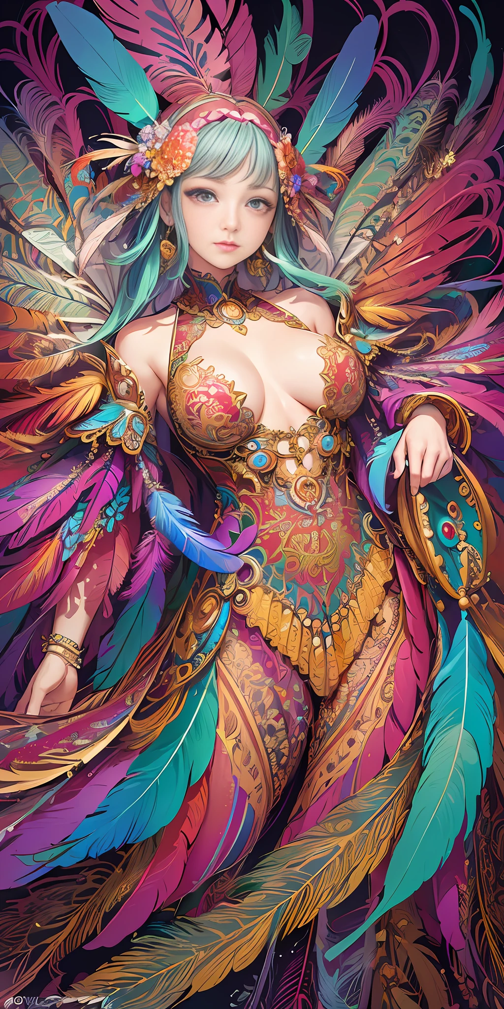 (masterpiece, top quality, best quality, official art, beautiful and aesthetic:1.2), (1girl:1.3), extremely detailed,(fractal art:1.1),(colorful:1.1)(flowers:1.3),highest detailed,(zentangle:1.2), (dynamic pose), (abstract background:1.3), (many colors:1.4), ,(earrings),  (feathers:1.5).