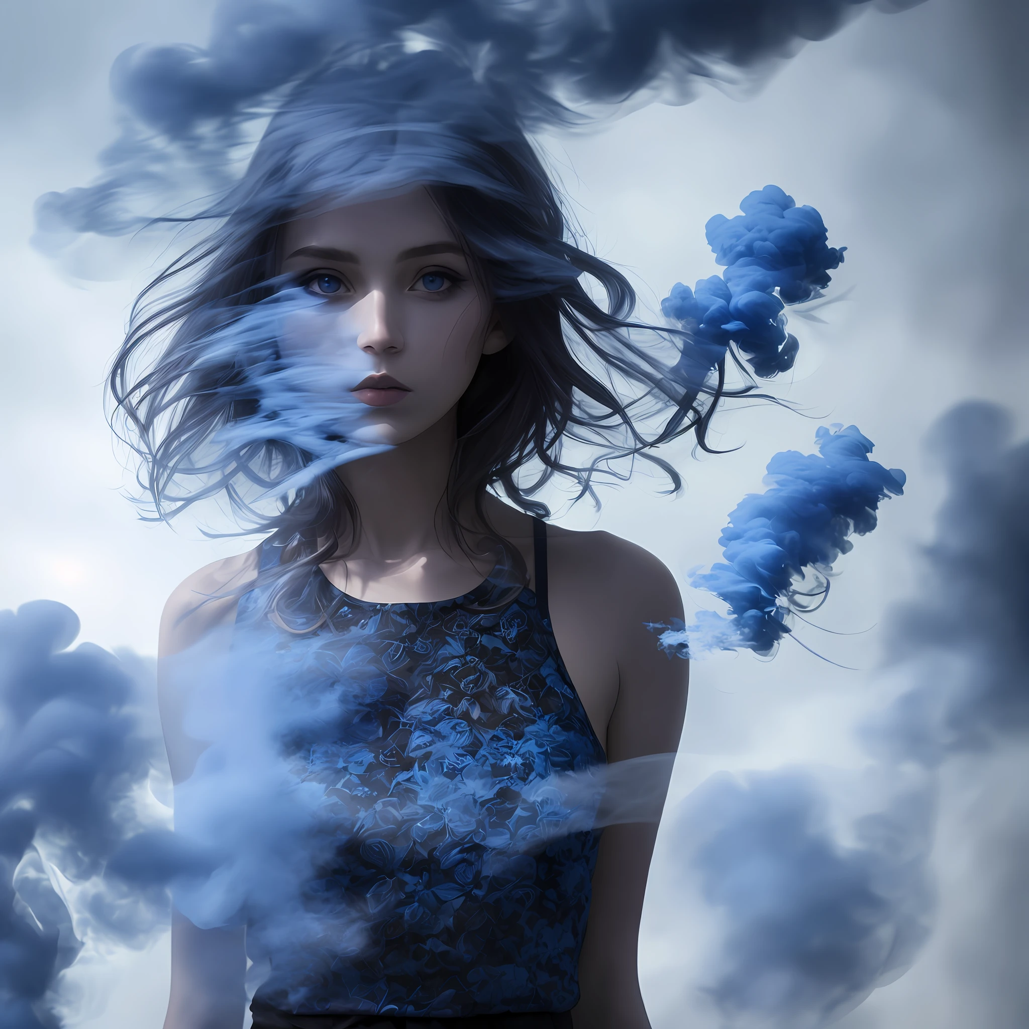 ((blue smoke:1.2)|(purple smoke:0.8)|(white smoke:0.8)), ((1girl)), disappearing, mysterious, dramatic, dark tone, dynamic angle.