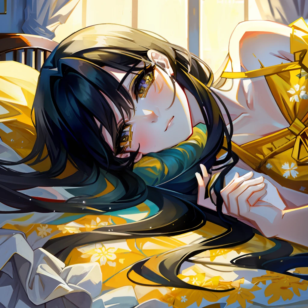 One was lying on the bed, staring at the ceiling in a daze, wearing a yellow floral dress and draped in long black hair