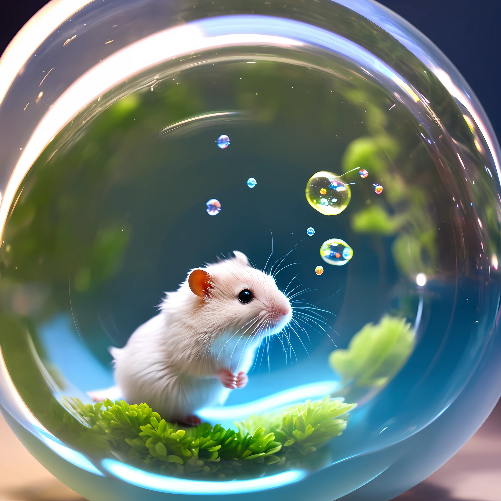 little hamster, playing bubble, 16k, masterpiece, Surrealism, foreshortening, super detail, masterpiece