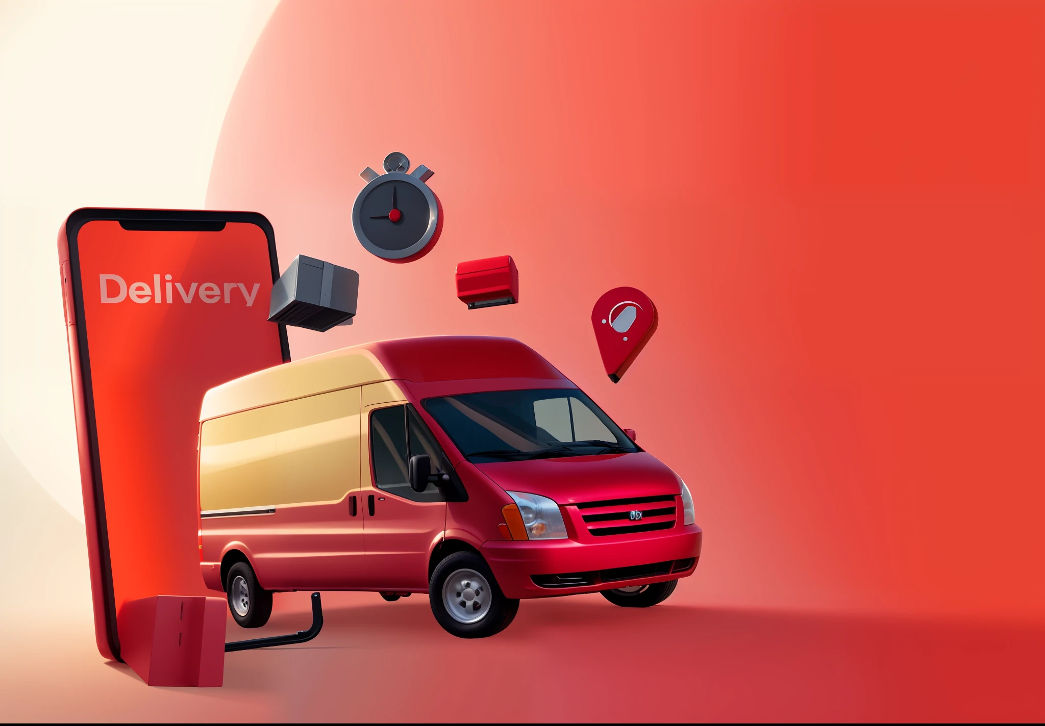 delivery van,or scooter in front of mobile window, high quality,good details,professional poster ads, light red theme, simple, clean,complere,revised,remake,solid background