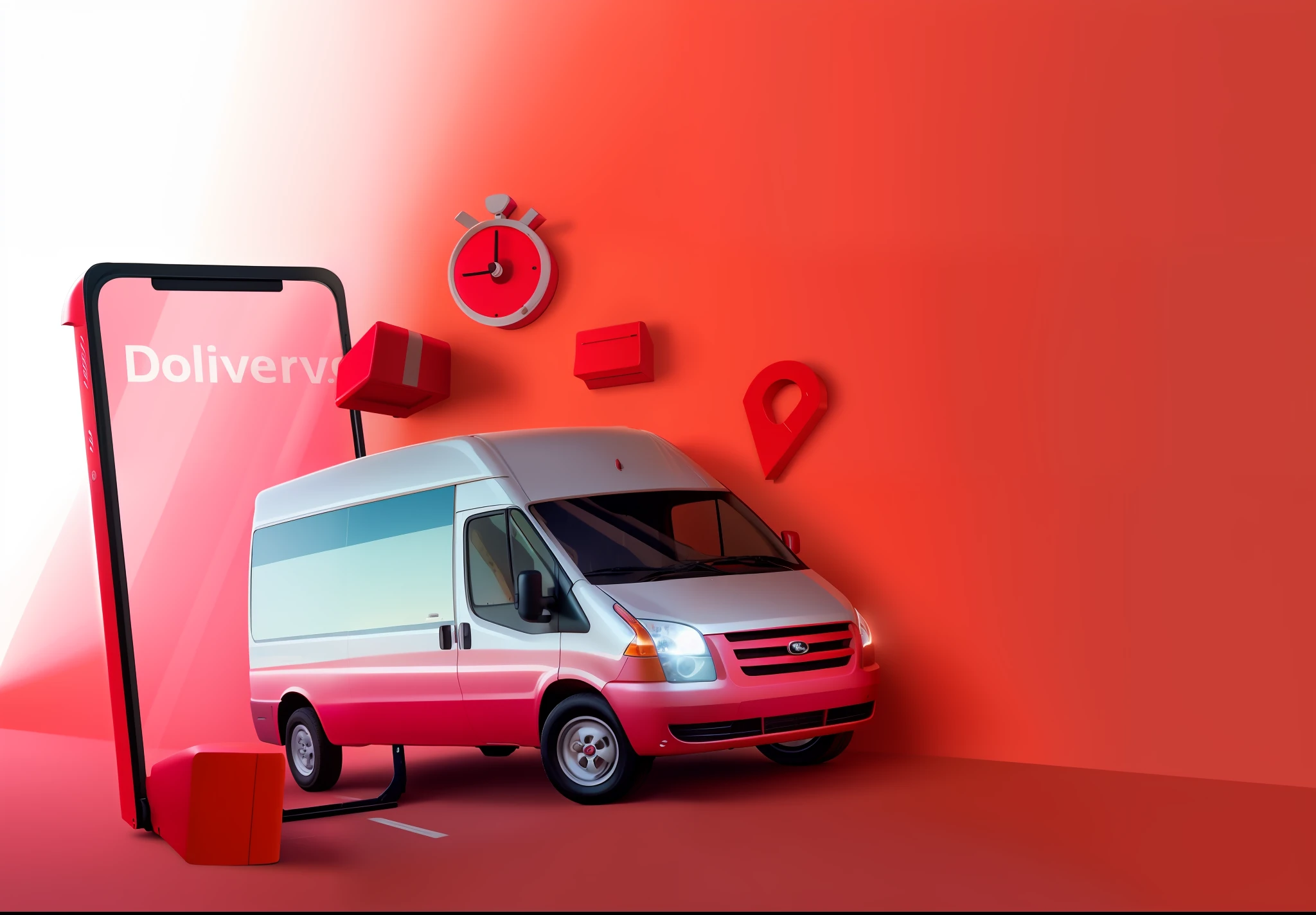 delivery van,or scooter in front of mobile window, high quality,good details,professional poster ads, light red theme, simple, clean,complere,revised,remake,solid background