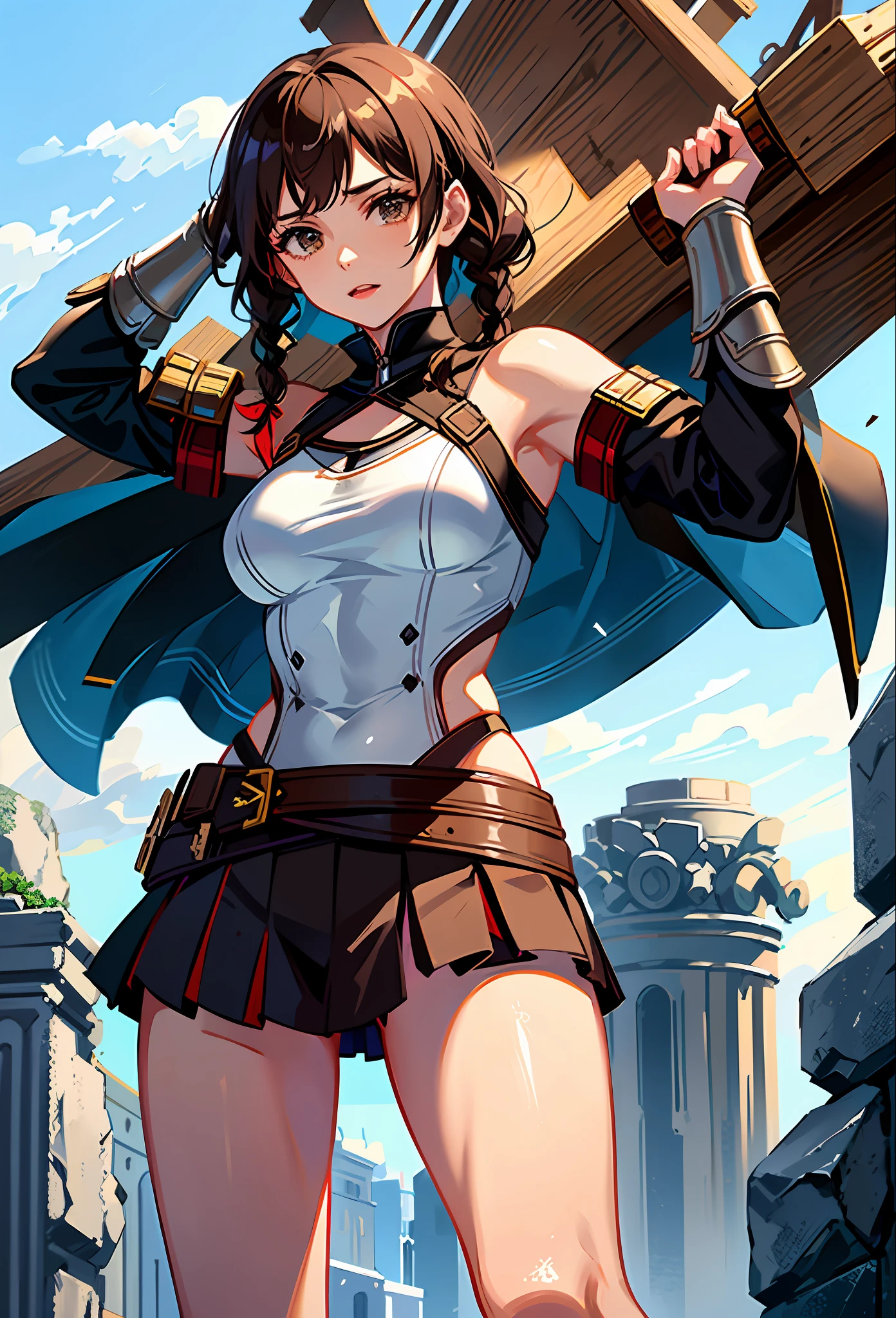 Solo, Kassandra (from assassin's creed oyssey, 1female, stron, toned abs, brown hair with side braids, brown eyes, light brown skin, Greek) wearing a one-piece armor, shoulders showing, swinging a giant sword, bats flying, night, ancient greece. ((masterpiece), best quality, ultra high resolution)