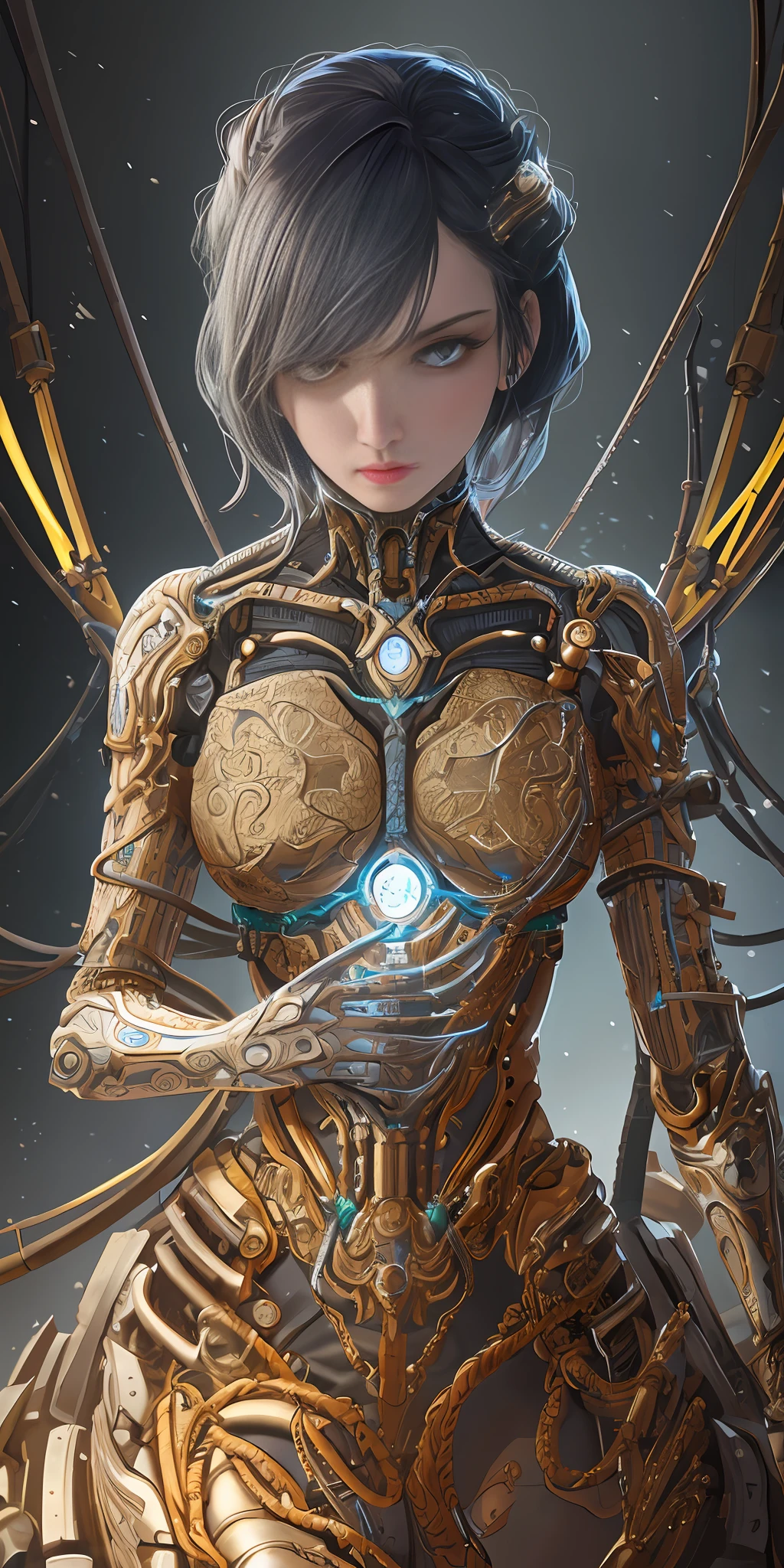 1mechanical girl,((ultra realistic details)), portrait, global illumination, shadows, octane render, 8k, ultra sharp,metal,intricate, ornaments detailed, cold colors, egypician detail, highly intricate details, realistic light, trending on cgsociety, glowing eyes, facing camera, neon details, machanical limbs,blood vessels connected to tubes,mechanical vertebra attaching to back,mechanical cervial attaching to neck,sitting,wires and cables connecting to head.