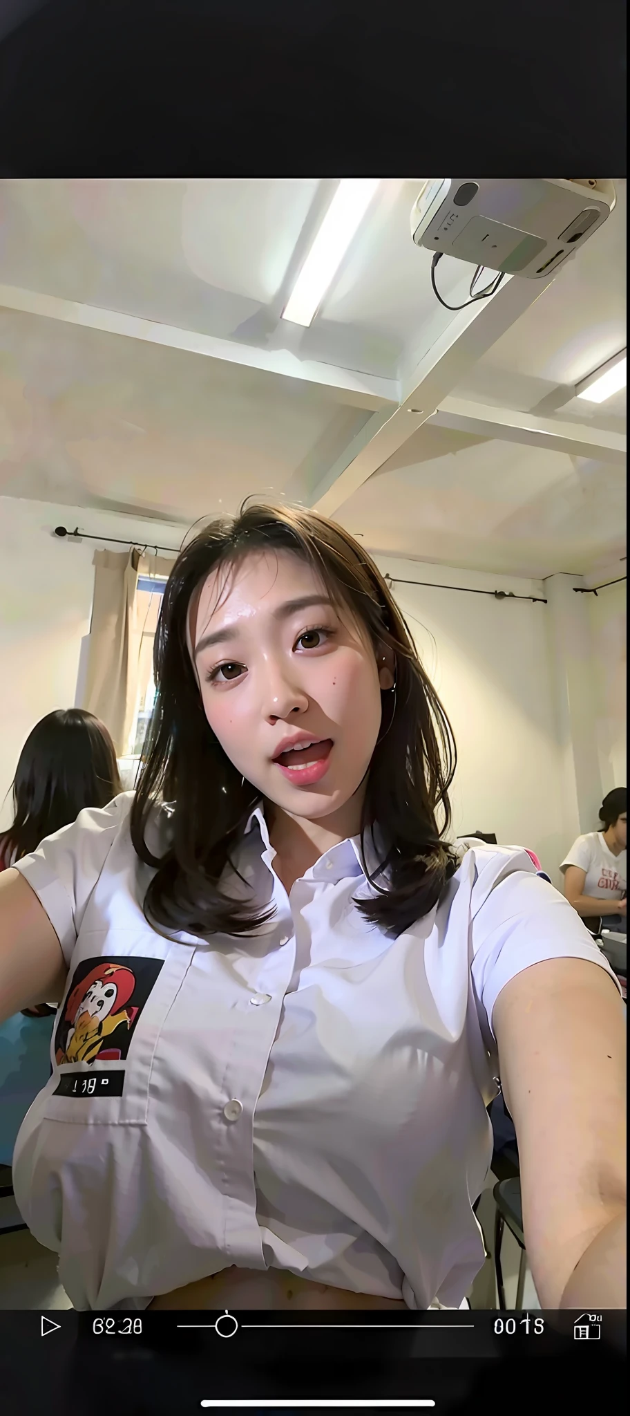 arafed woman in a white shirt taking a selfie with a cell phone, 8k selfie photograph, anime thai girl, student, selfie shot straight on angle, shot on gopro9, ruan cute vtuber, standing in class, in a classroom, she is facing the camera, front facing the camera, selfie of a young woman, taken with sony alpha 9, (((((large breasts)))))