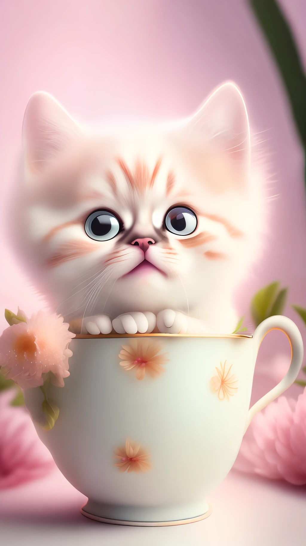 Very cute white tropicalpunk kitten, big eyes, in cup, open mouth, laugh, excitement, flowers, professional light, depth of field 8k, pink gold magic moment, professional photography, octane rendering, super realistic - amazing sunlight, dynamic composition, photography, sharp focus, bokeh