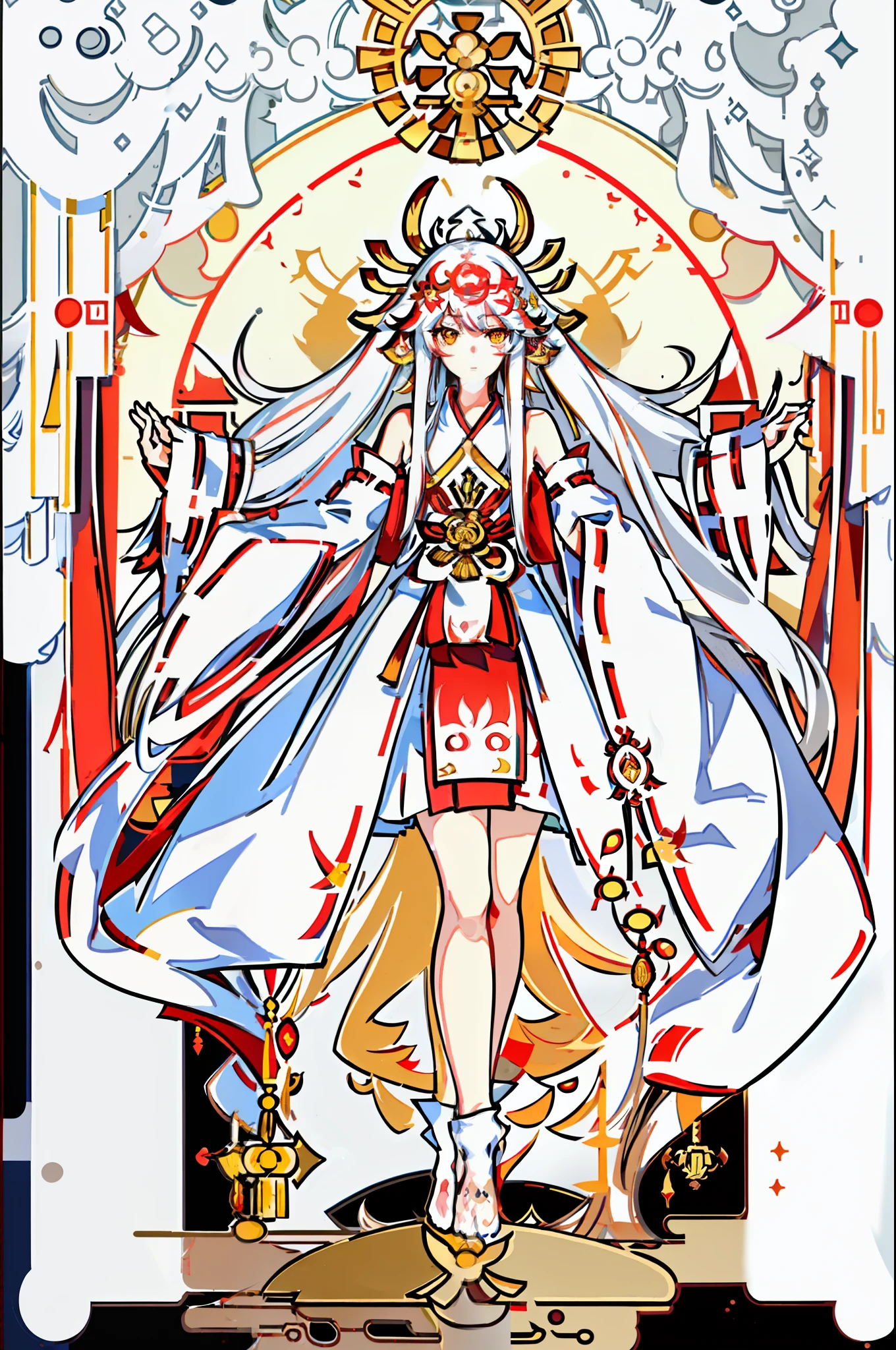 iom Girl Photo, (Masterpiece:1, 2), best quality, high resolution, ultra-detailed,unbuttoned, (delicate detailed), cuest, white hair, long hair, yellow eyes, (miko:1.5), red dress, red ribbon, temple, extremely detailed CG Unity 8k wallpaper, ((super detailed)), (best illustration), (best shadow), (extremely delicate and beautiful)), ((cinematic light)),