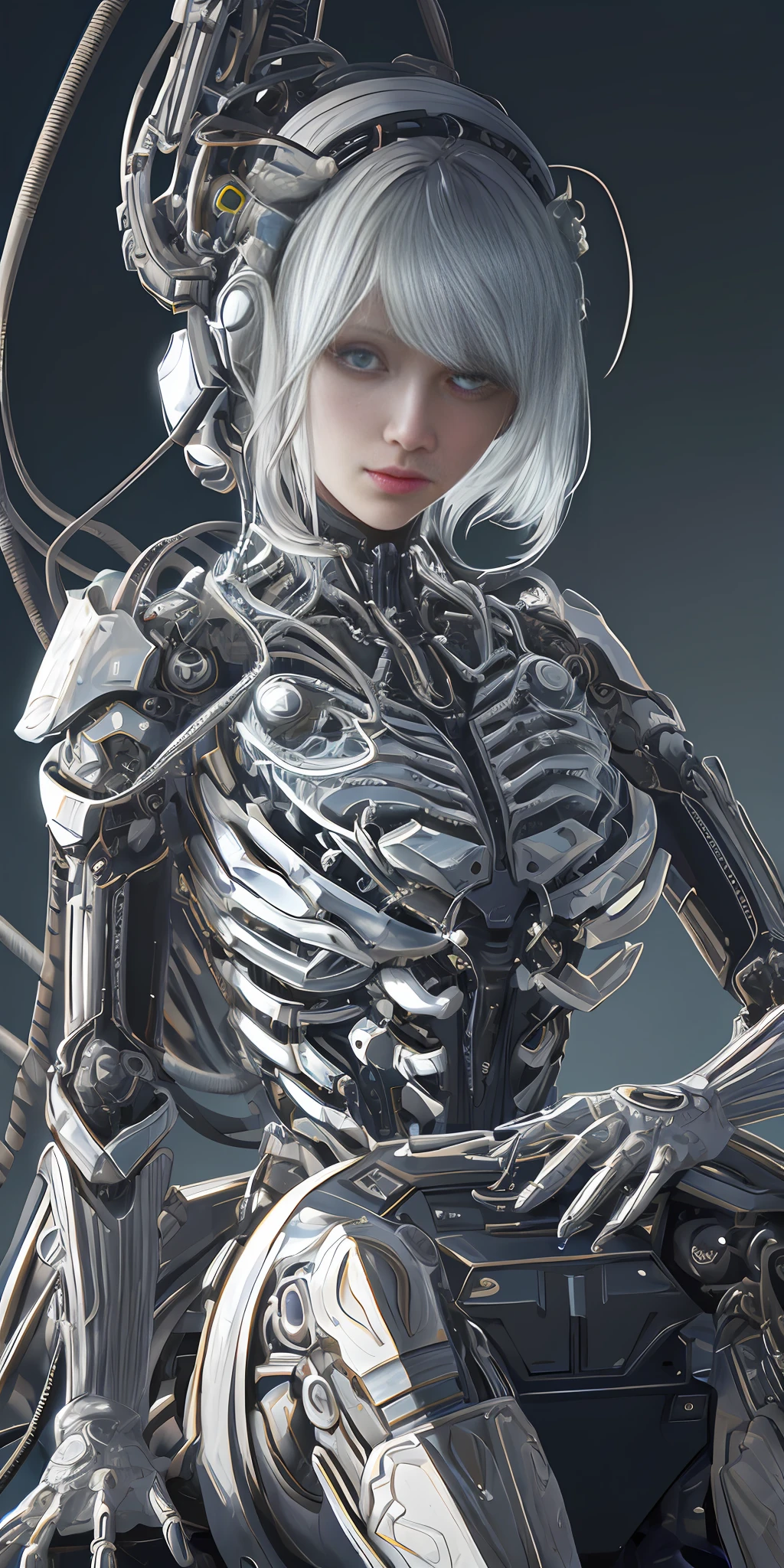1mechanical girl,ultra realistic details, portrait, global illumination, shadows, octane render, 8k, ultra sharp,intricate, ornaments detailed, cold colors, metal, egypician detail, highly intricate details, realistic light, trending on cgsociety, glowing eyes, facing camera, neon details, machanical limbs,blood vessels connected to tubes,mechanical vertebra attaching to back,mechanical cervial attaching to neck,sitting,wires and cables connecting to head.