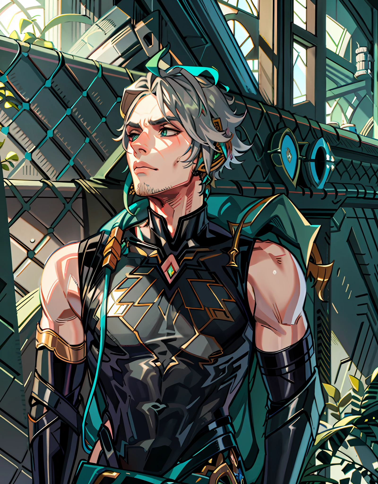 masterpiece, best quality,alhaitham\(genshin impact\), 1boy, male focus, shirt, solo, gloves, sleeveless shirt, grey hair, sleeveless, ahoge, black shirt, bangs, black gloves, indoors, fingerless gloves, black pants, pants, swept bangs, boots, bare shoulders, short hair, elbow gloves,(kbxll:0.6)