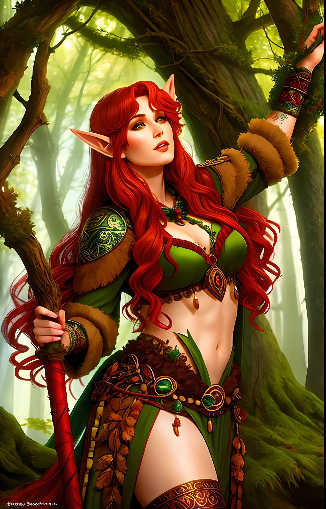 Sisters with red hair and tattoos holding a staff in a forest, beautiful female druid, attractive elf druid, portrait of a female druid, druid goddess, seductive elf druid, female druid, muscular female druid, fantasy character art, forest huntress lady, dryad martial artist, fantasy characture portrait, cute wooden elf, tyler edlin fantasy art