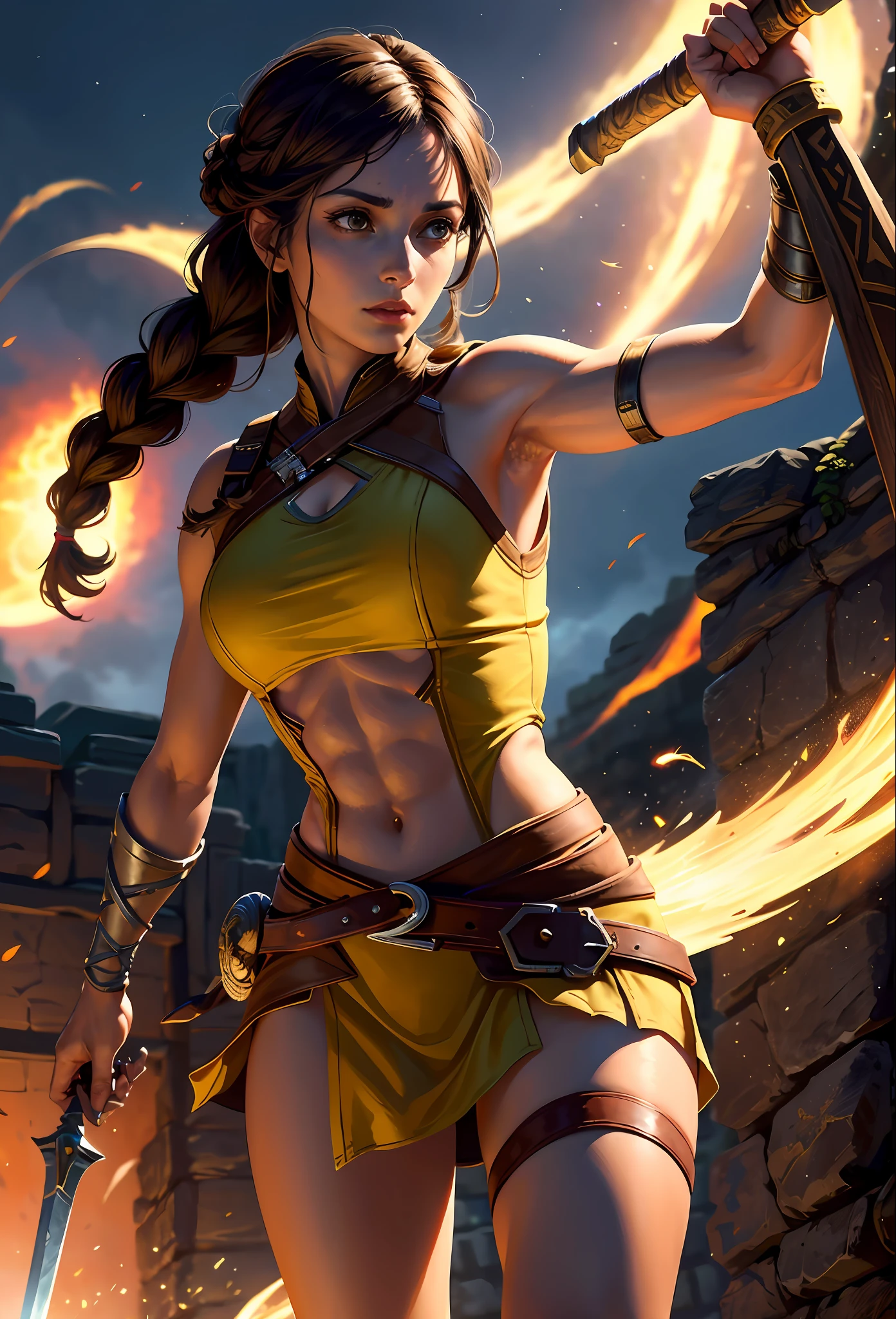 Solo, Kassandra (from assassin's creed oyssey, 1female, stron, toned abs, brown hair with side braids, brown eyes, light brown skin, Greek) wearing a one-piece armor, shoulders showing, swinging a giant sword, bats flying, night, ancient greece. ((masterpiece), best quality, ultra high resolution)