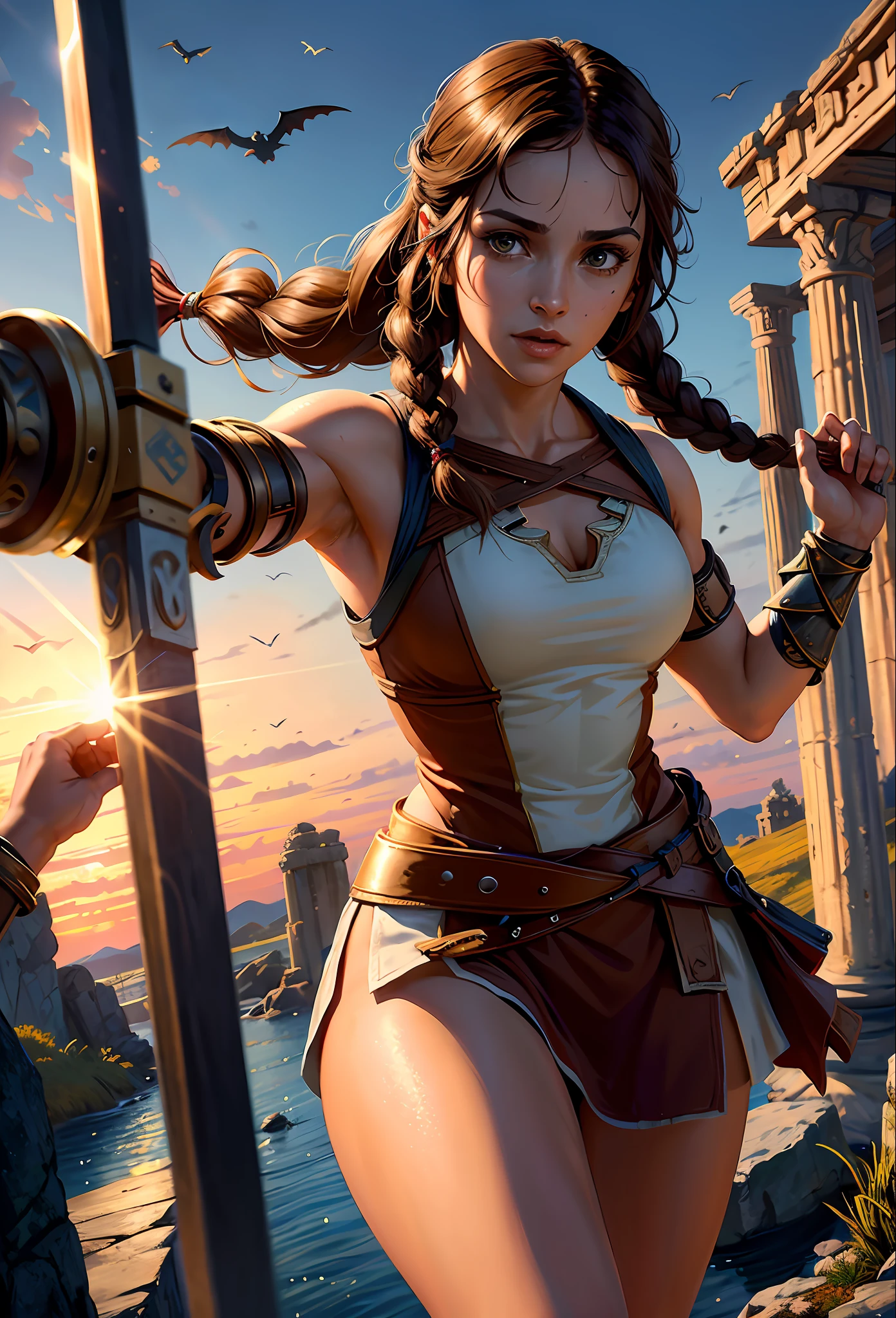 Solo, Kassandra (from assassin's creed oyssey, 1female, stron, toned abs, brown hair with side braids, brown eyes, light brown skin, Greek) wearing a one-piece armor, shoulders showing, swinging a giant sword, bats flying, night, ancient greece. ((masterpiece), best quality, ultra high resolution)