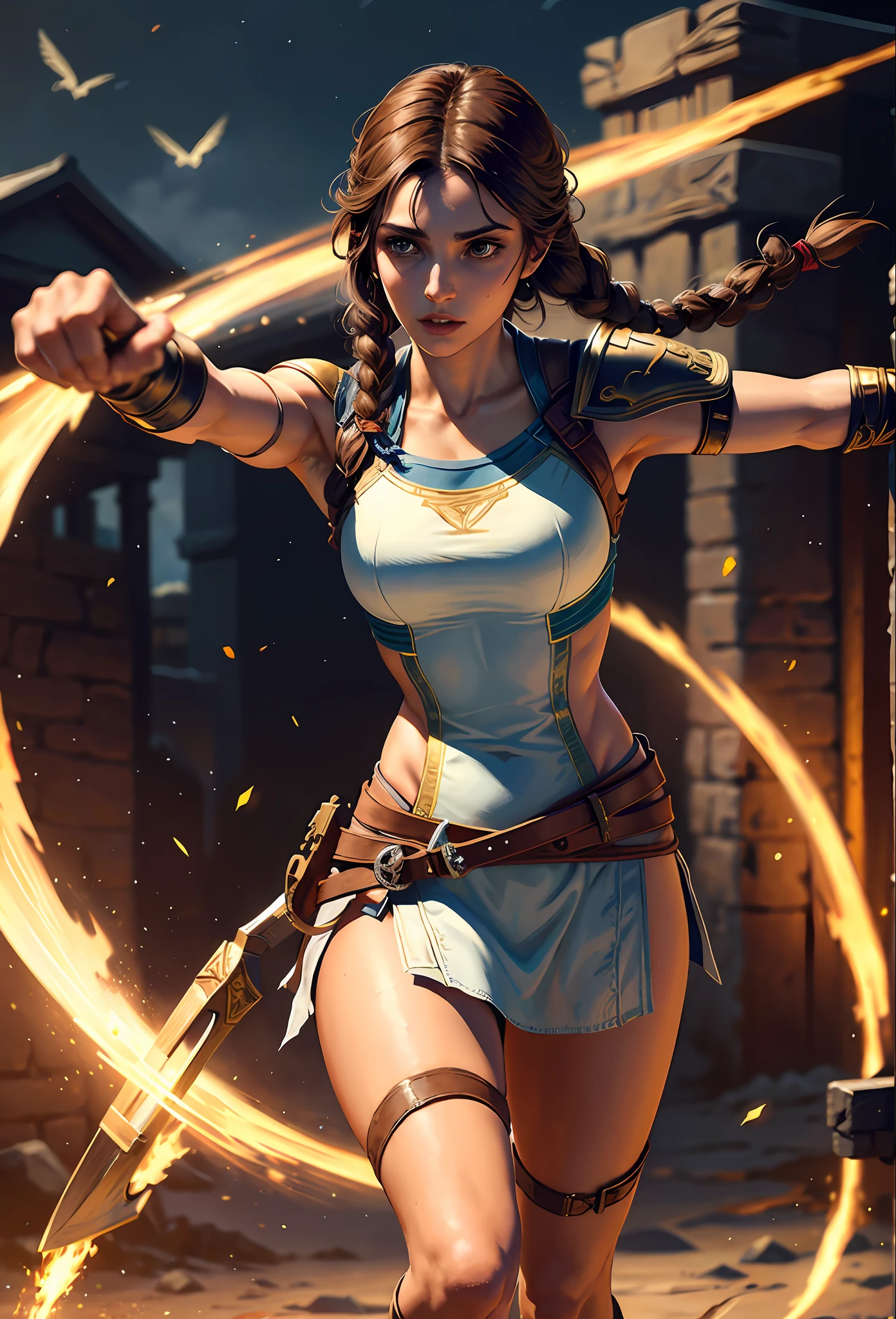 Solo, Kassandra (from assassin's creed oyssey, 1female, stron, toned abs, brown hair with side braids, brown eyes, light brown skin, Greek) wearing a one-piece armor, shoulders showing, shooting an arrow from a bow, bats flying, night, ancient greece. ((masterpiece), best quality, ultra high resolution)