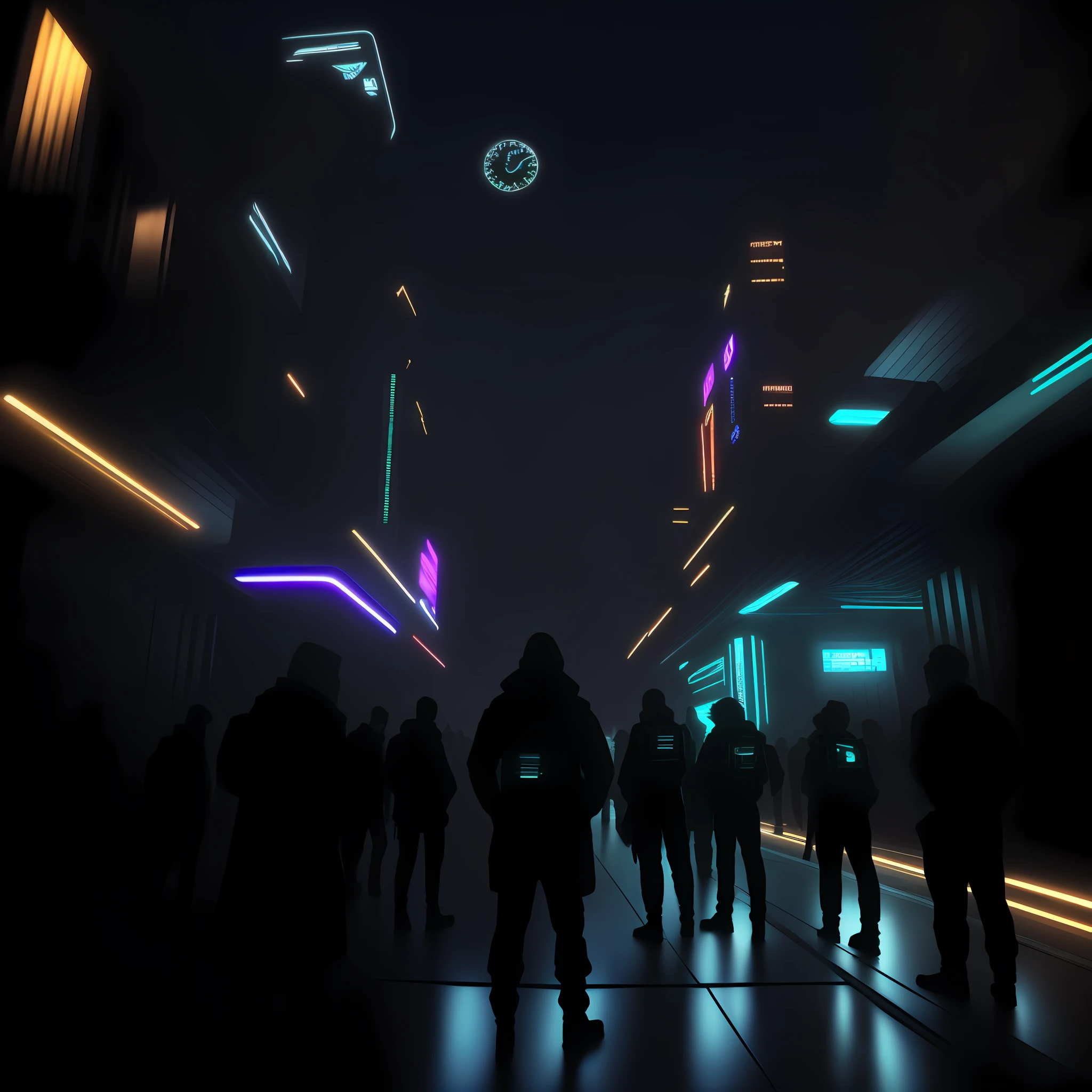 people walking in a city at night with a large clock tower in the background, in a futuristic cyberpunk city, futuristic cyberpunk scenario, arstation and beeple highly, in fantasy sci - fi city, sci-fi cyberpunk city street, busy cyberpunk metropolis, 3 d render beeple, cinematic beeple, cyberpunk city street, in style of beeple