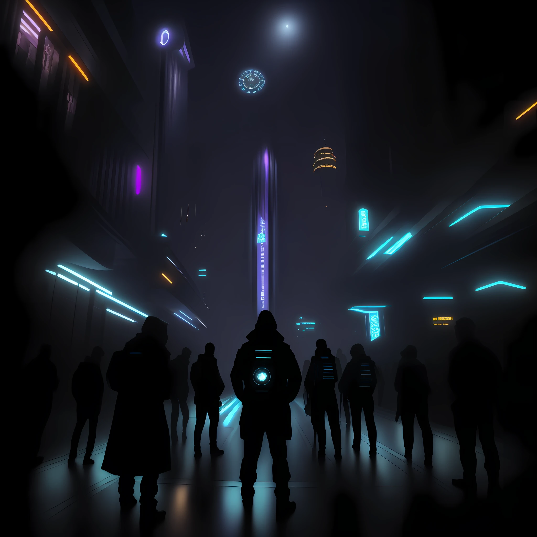 people walking in a city at night with a large clock tower in the background, in a futuristic cyberpunk city, futuristic cyberpunk scenario, arstation and beeple highly, in fantasy sci - fi city, sci-fi cyberpunk city street, busy cyberpunk metropolis, 3 d render beeple, cinematic beeple, cyberpunk city street, in style of beeple