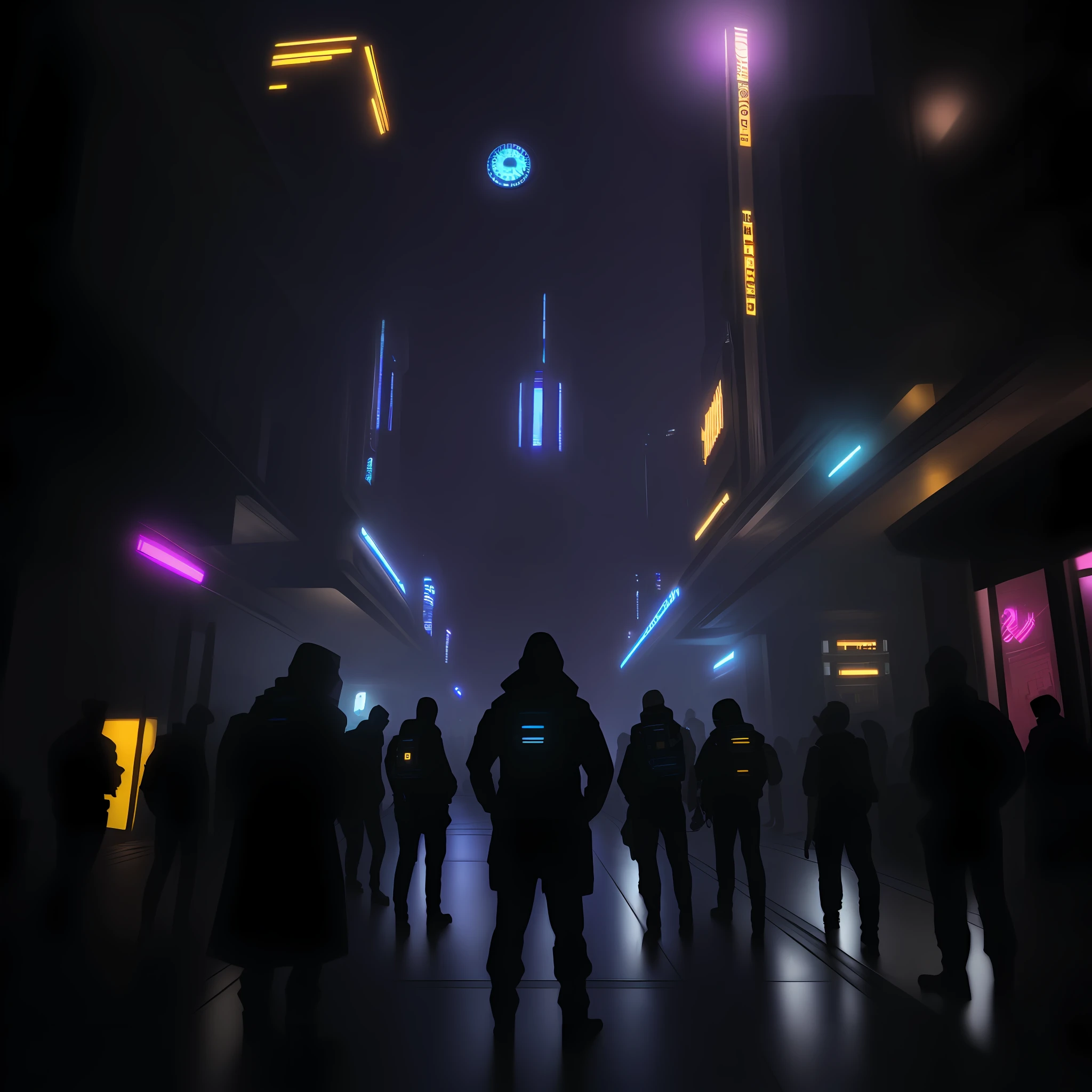 people walking in a city at night with a large clock tower in the background, in a futuristic cyberpunk city, futuristic cyberpunk scenario, arstation and beeple highly, in fantasy sci - fi city, sci-fi cyberpunk city street, busy cyberpunk metropolis, 3 d render beeple, cinematic beeple, cyberpunk city street, in style of beeple