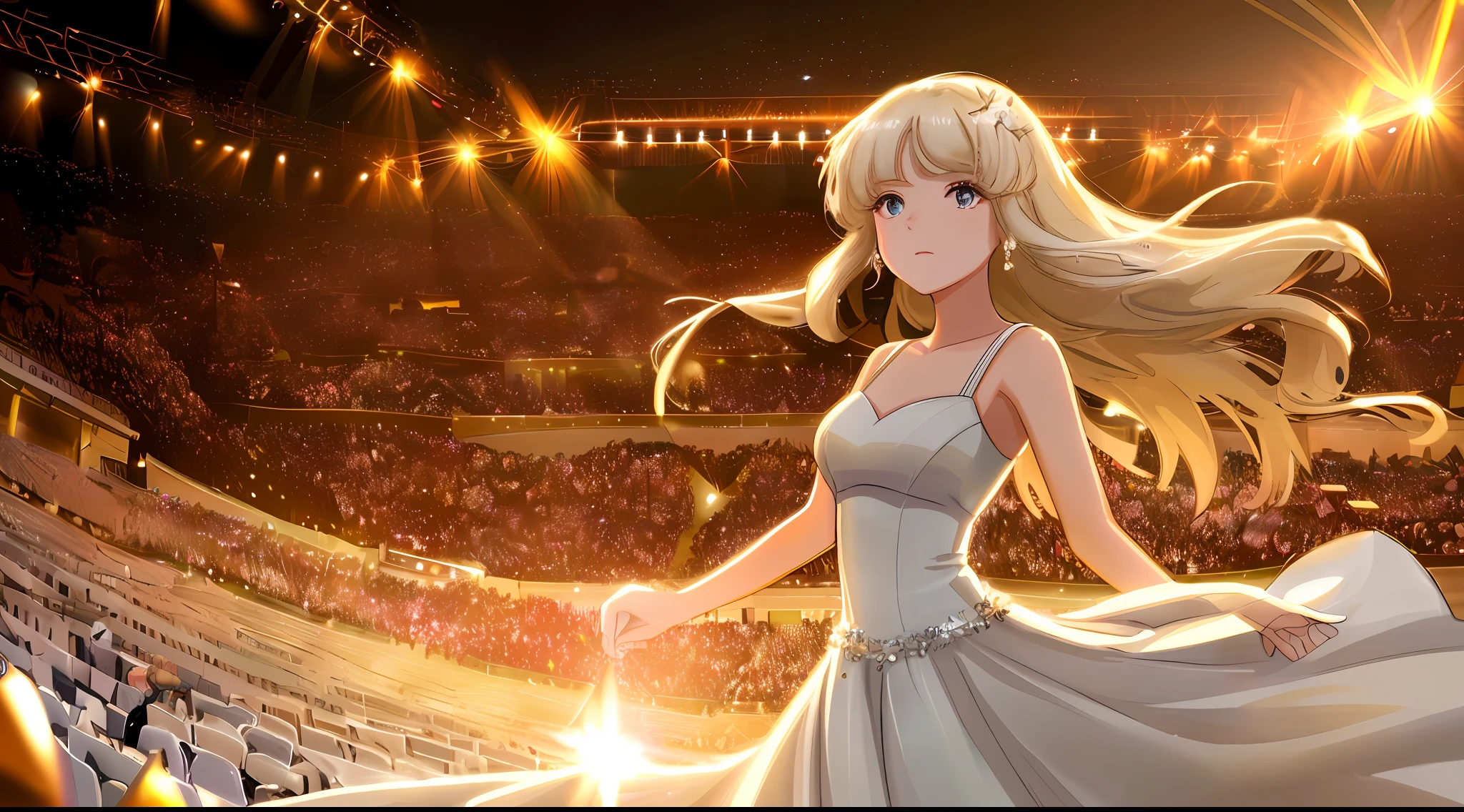 A glamorous girl, Wearing a gorgeous white long dress, Sing on stage, The audience was densely packed with spectators, Open-air stage, sunset, anime, cinematic lighting, motion blur, depth of field, film grain, panorama, lens flare, UHD, highres, best quality