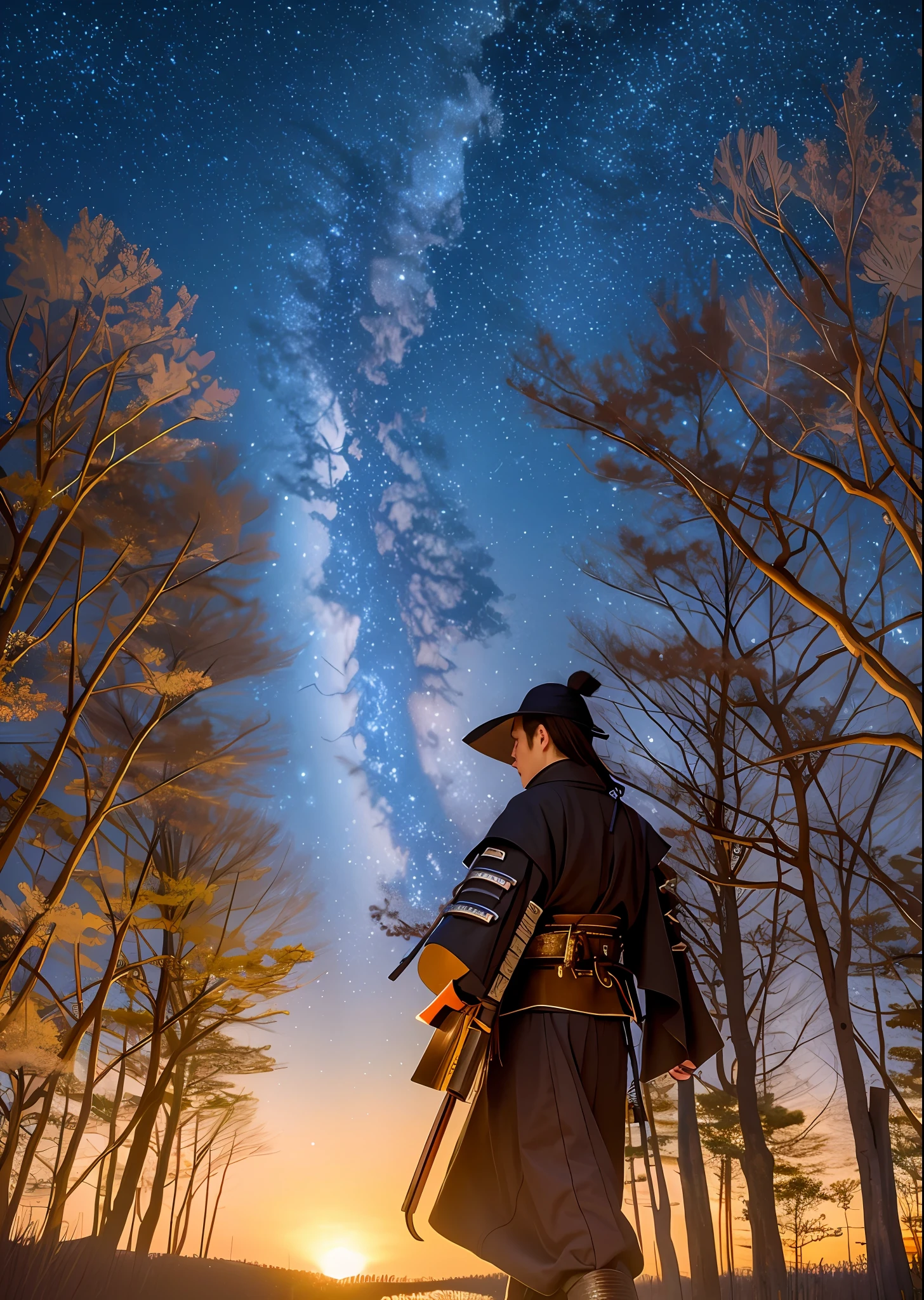 Samurai, walking among trees, starry night,