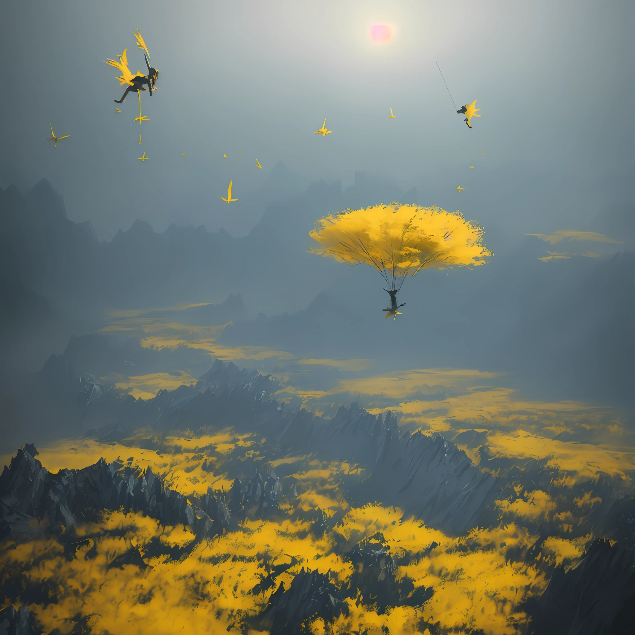 a Shakespeare stage play, yellow mist, atmospheric, set design by Michel Crête, Aerial acrobatics design by André Simard, hyperrealistic, 4K, Octane render, unreal engine, –ar 9:16 –uplight