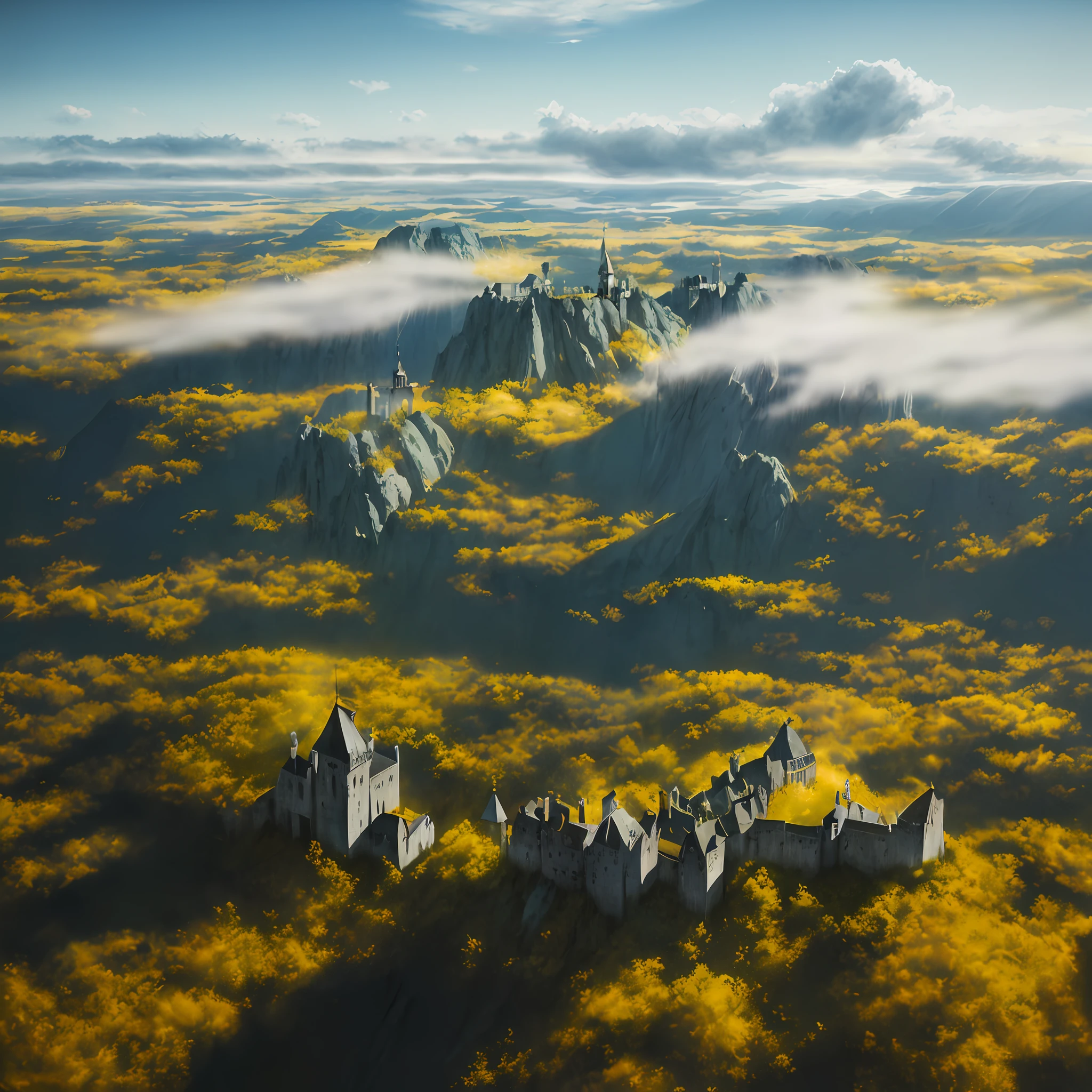 a Shakespeare stage play, yellow mist, atmospheric, set design by Michel Crête, Aerial acrobatics design by André Simard, hyperrealistic, 4K, Octane render, unreal engine, –ar 9:16 –uplight
