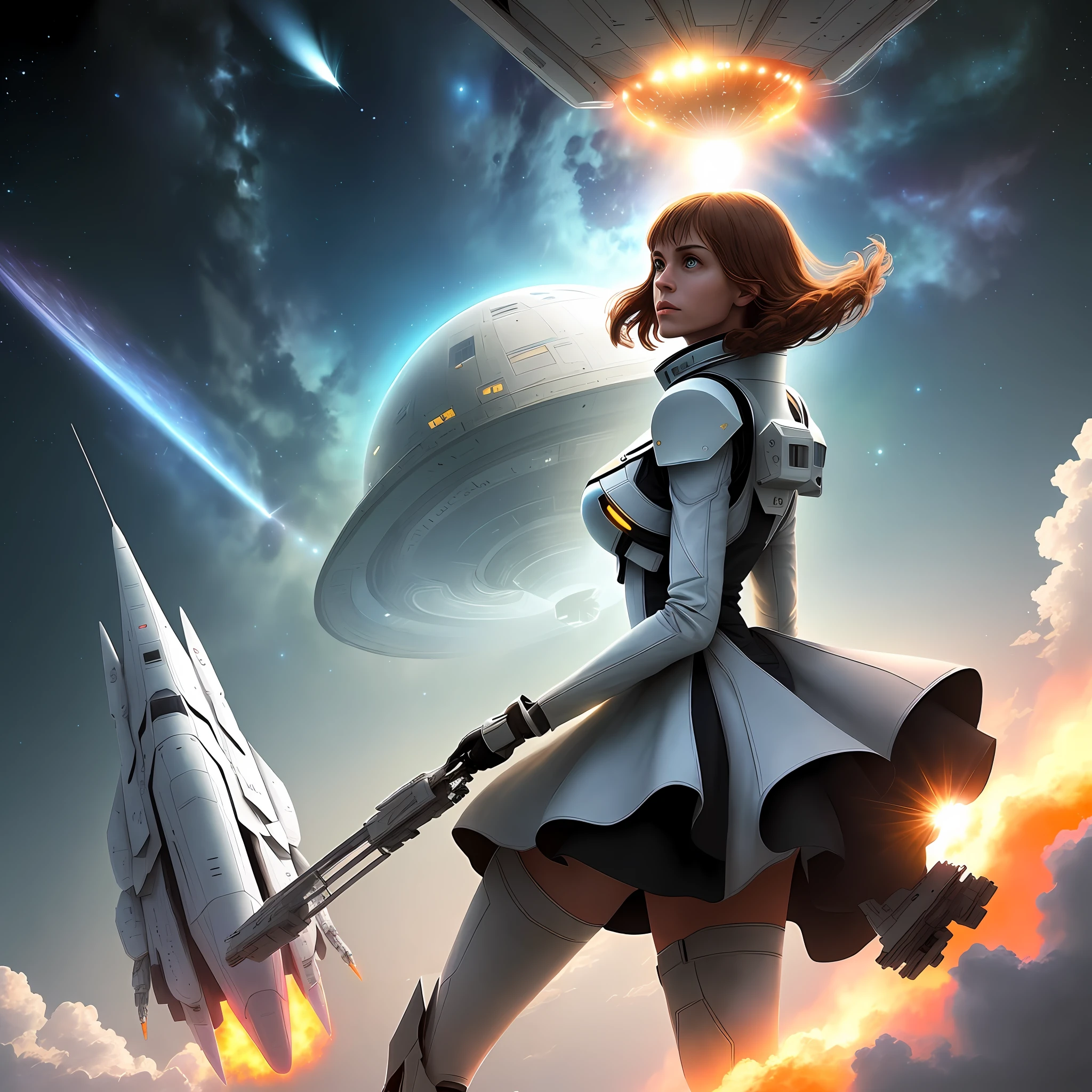 A huge spaceship rises into the air and soars into interstellar space