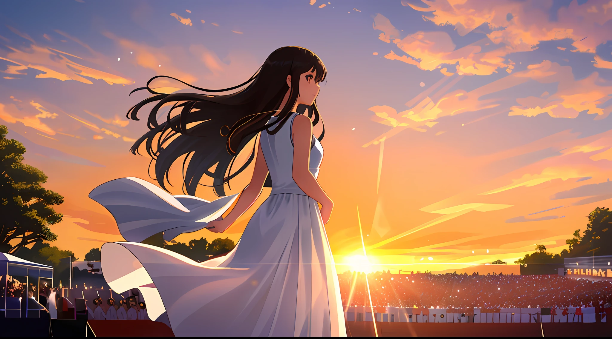 An Asian girl, Wearing a gorgeous white long dress, Sing on an open-air stage, The audience was densely packed with spectators, In the distance is the setting sun, cinematic lighting, depth of field, panorama, lens flare, UHD, highres, best quality