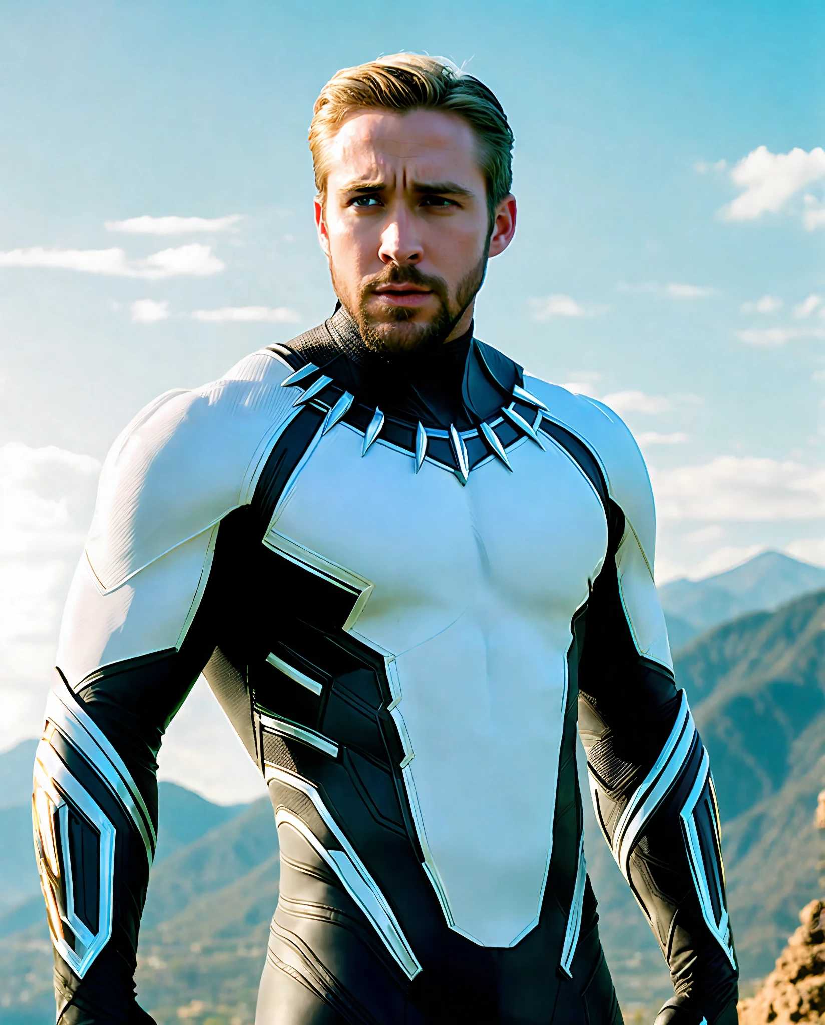 (8k, RAW photo, best quality, masterpiece: 1.2), ultra detailed, photo-realistic: 1.37, upper body shot, wonder White Panther, grain film, action pose, white man, black panther, blonde, wakanda, black panther, ryan gosling as black panther, with matte white suit, all white suit, wakanda background, movie character
