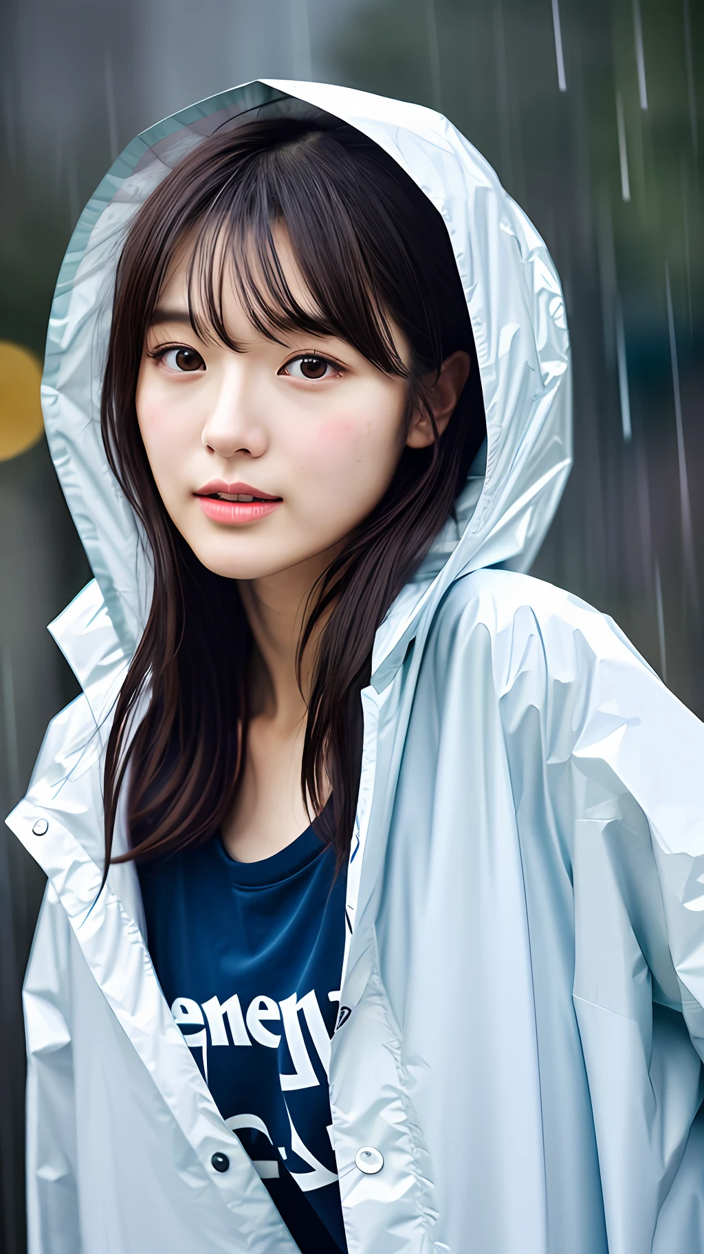 realistic photos of (1 cute Korean star) Shoulder-length hair, thin makeup, medium breasts size, t-shirt and raincoat, at raining night, clear facial features of Canon EOS, 8K high resolution, sharp and realistic details.