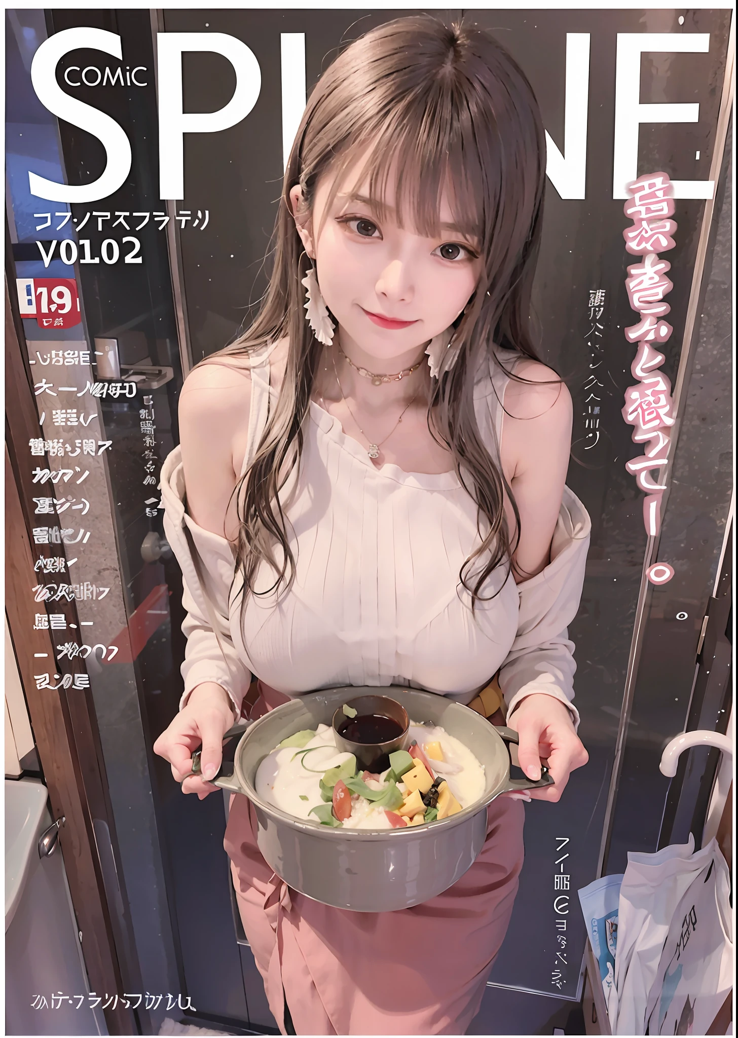 anime magazine cover with a woman holding a bowl of food, manga cover style, cooking, doujin, striking manga artstyle, style of hajime isayama, manga cover, stove, ecchi style, in style of manga, guweiz, magazine, cover manga, big breasts, full color manga visual style, shojo manga, in manga style, art cover