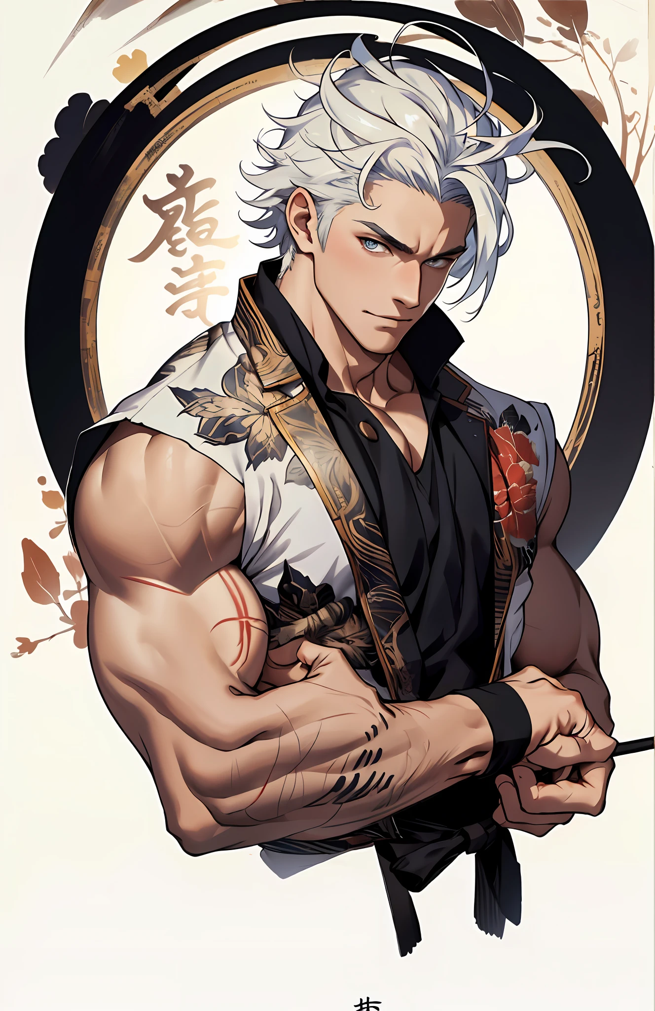 (Masterpiece, best quality) , 1 person, muscular, delicate eyes, upper body, calligraphy brush, vivid hair, looking at the viewer, (round background), wearing clothes, perfect hands,