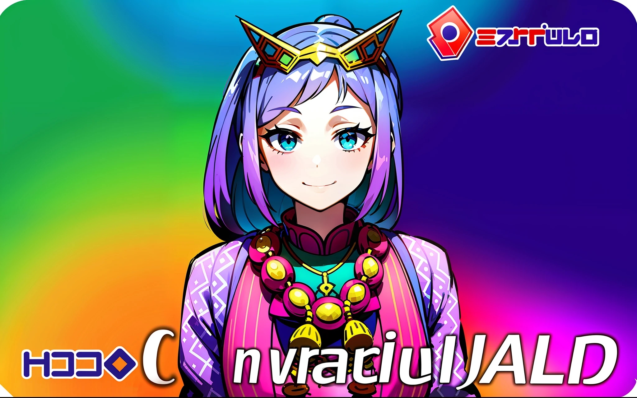 best quality, 1girl, purple hair, aqua eyes, traditional clothes, headgear, smile, text, colorful background, red triangle