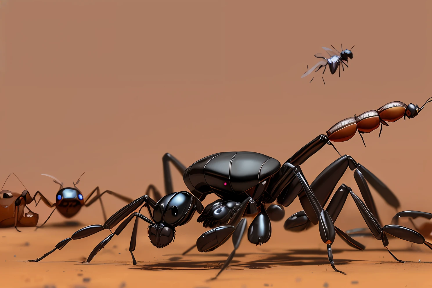 A large robotic flying ant with many doors from which flying ants come out and attack the lion ant burrows with fire beams.