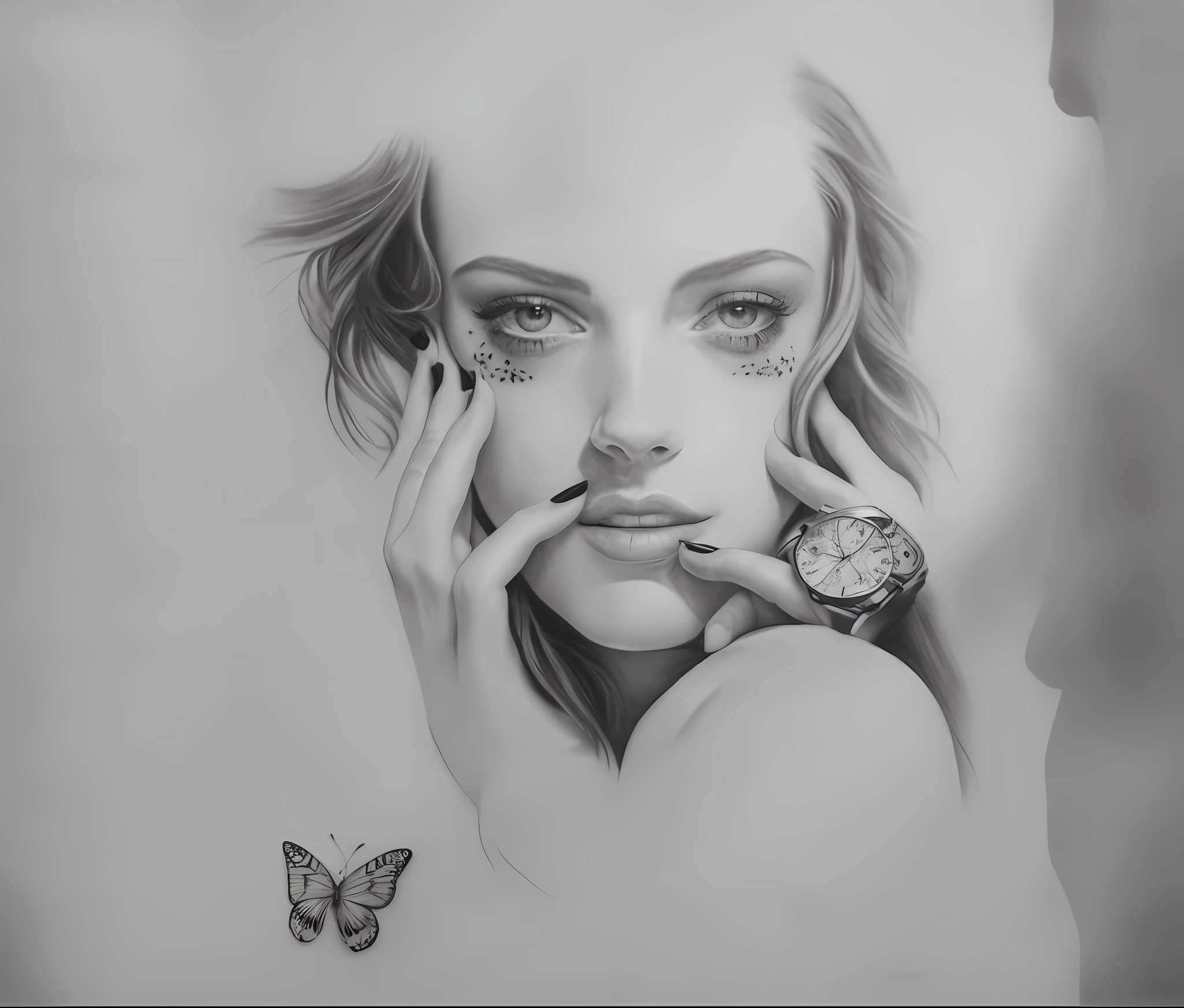 realistic drawing of a woman with a watch and a butterfly, realism tattoo drawing, hyper-realistic tattoo sketch, realism tattoo sketch, realism tattoo design, black and white drawing, pencil drawing illustration, concept tattoo design, by Camilo Egas, realism drawing, stunning drawing, detailed pencil drawing, tattoo design, diego dayer art, awesome art, beautiful drawing, tattoo sketch