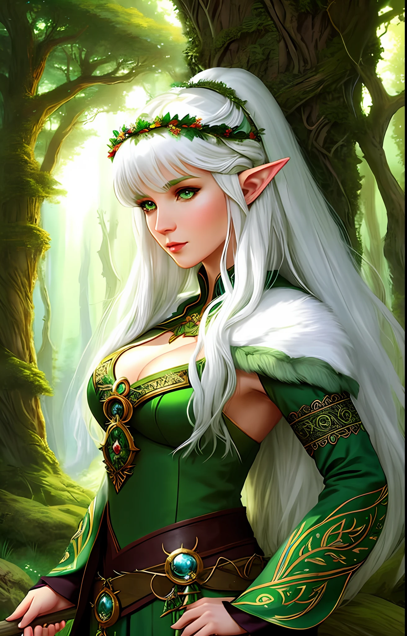 White haired woman doing green color magic, beautiful female druid, attractive elf druid, portrait of a female druid, druid goddess, seductive elf druid, female druid, muscular female druid, fantasy character art, forest hunter lady, dryad martial artist, fancy characture portrait, cute wood elf, tyler edlin fantasy art