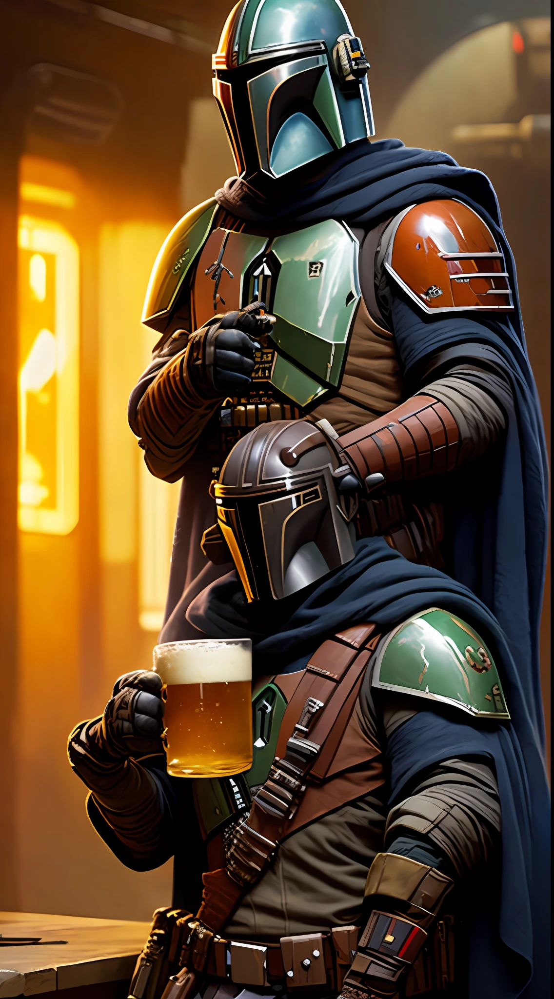 star wars mandalorian soldier holding a mug of beer, holding a mug of beer, sitting in a dimly lit cantina, Moody lighting, rough texture, sci-fi style, Highly detailed, Digital painting, Artstation, Concept art, Sharp focus, Illustration, art by greg rutkowski and alphonse mucha,