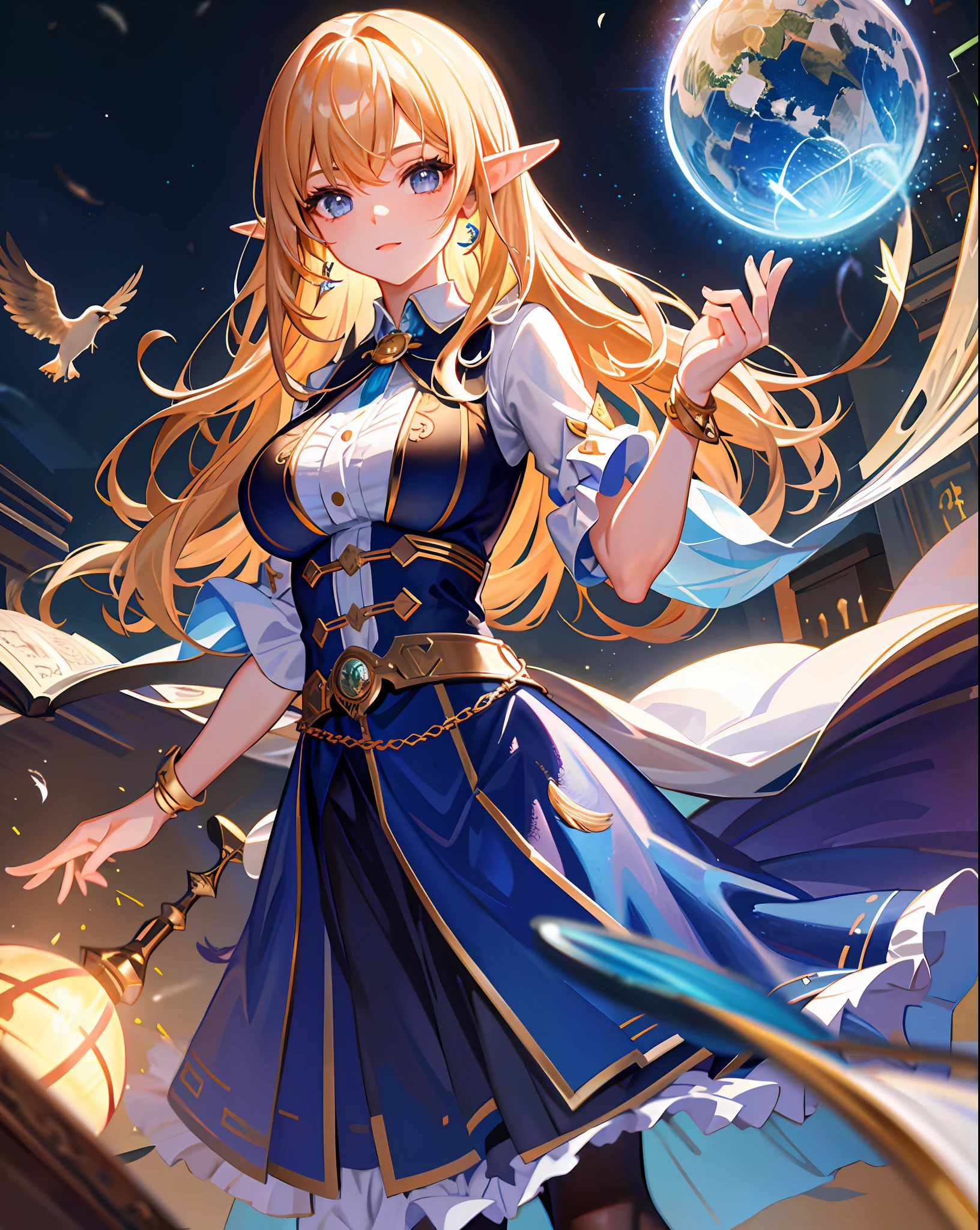(masterpiece, best quality, extremely detailed CG, beautiful detailed eyes, ultra-detailed, intricate details: 1.2), 8k wallpaper, exquisite features, (1girl, solo: 1.4), long hair, striped hair, elf, aura, looking at the viewer, blue eyes, earrings, underwear, anklets, big boobs, arcane, blue flame, feathers, birds, magic surround, magic wands, magic balls, books, magic wands, magic balls, books, flying pages in the sky, magic array, magic array, spell, night, dark