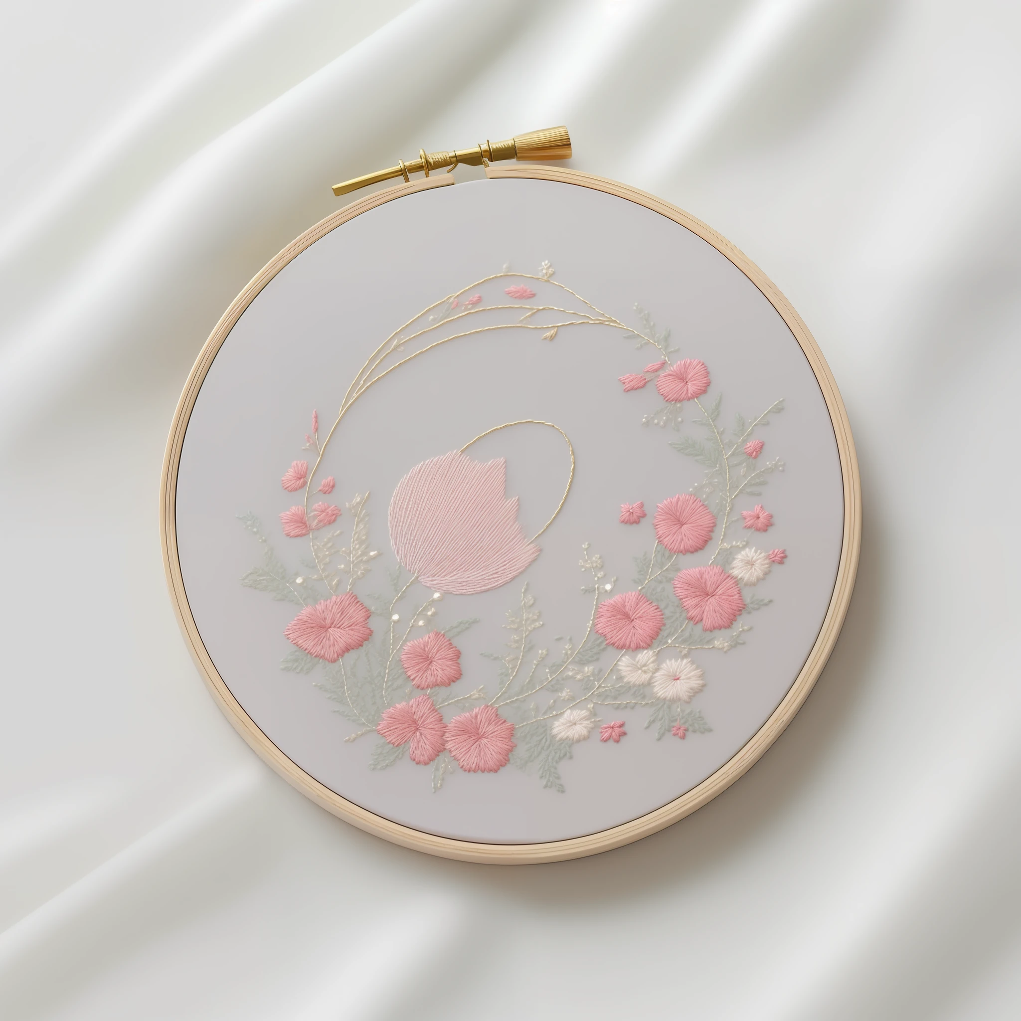 ((masterpiece)), best quality, ultra-detailed, CG artwork, with a delicate and beautiful embroidery pattern, intricate details, high resolution, vintage lighting, close-up shot, displaying the unique texture and beauty of hoop with embroidery