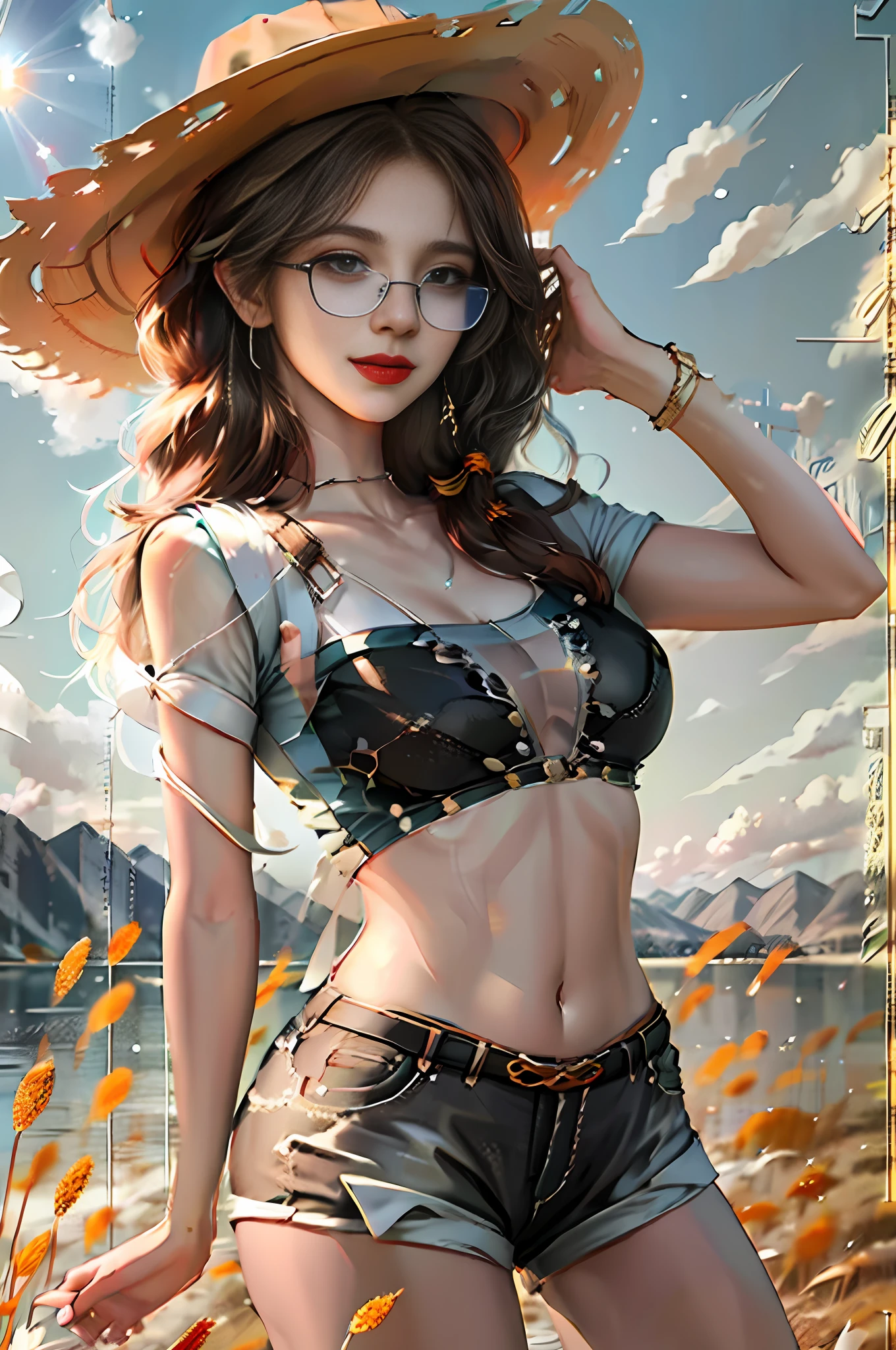painting of a woman in a cowboy outfit and hat posing in a field, by Yang J, beautiful digital artwork, artwork in the style of guweiz, inspired by Du Qiong, inspired by Fenghua Zhong, by Fan Qi, 🌺 cgsociety, g liulian art style, fanart best artstation, guweiz, digital fantasy art )