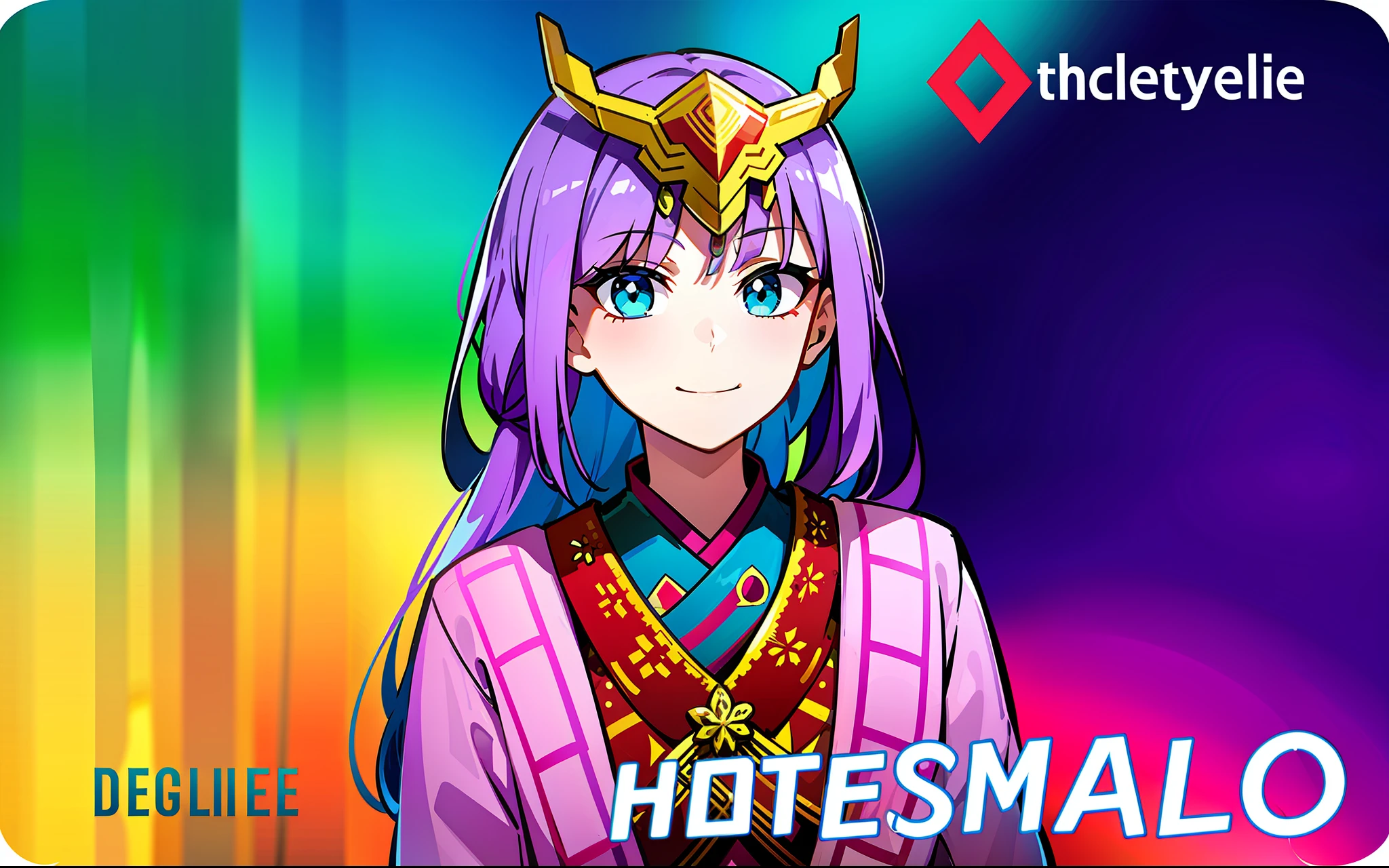 best quality, 1girl, purple hair, aqua eyes, traditional clothes, headgear, smile, text, colorful background, red triangle