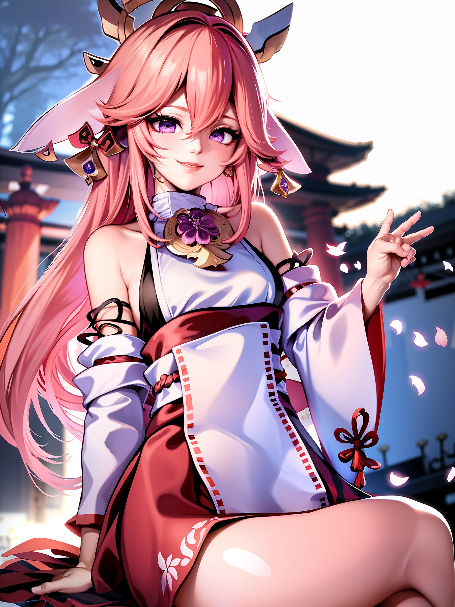 1 girl, (ulzzang- 6500:0.7), kpop idol, yae miko, single sleeve, bare shoulder, pink hair, long hair, japanese clothes, best quality, (drawings: 1.5), (hair accessories:1.35), jewelry, purple eyes, earrings, chest, torii, cherry blossom, lamp light, depth of field, face detail, face focus, ribbon, ribbon butt bon_trim (view: 1.25), non-traditional miko, glossy skin, long sleeves, smile, thick lips, game cg, hand on lips, east asian architecture, (blurred background:1.2), sitting, upper body,
