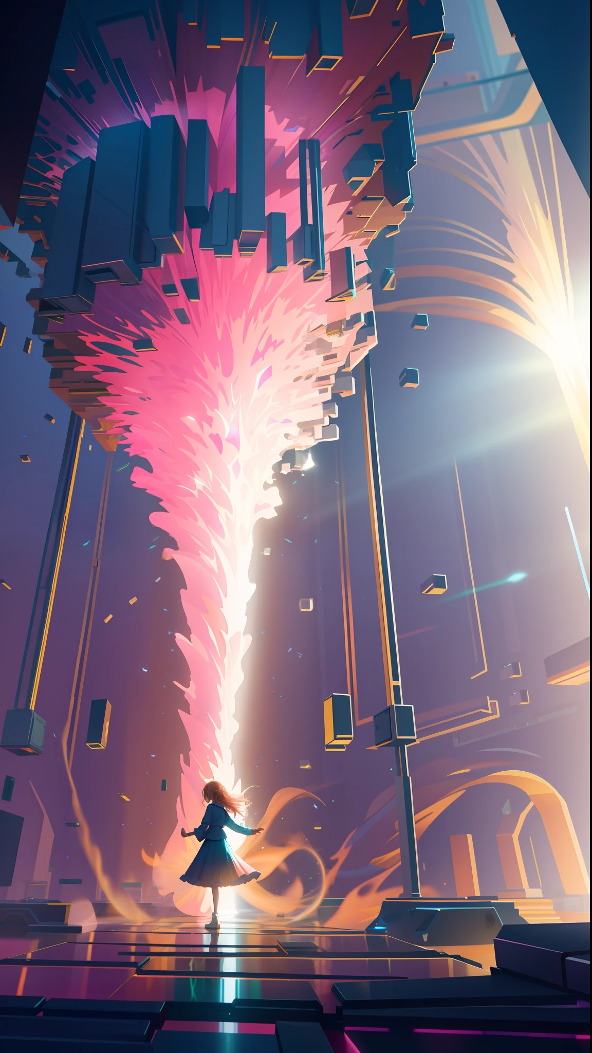 cute young woman, ultra high quality, volumetric, bioluminescence, luminism, pink-orange, global illumination