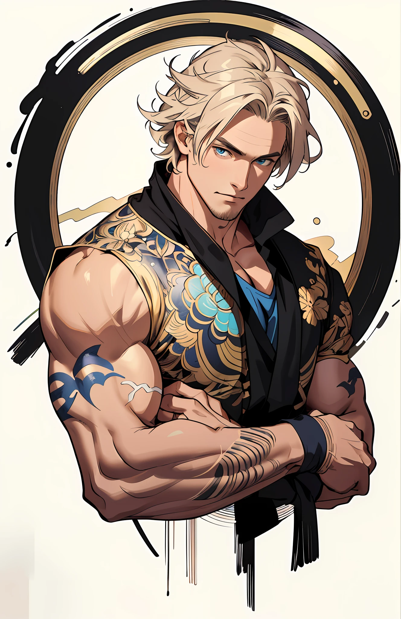 (Masterpiece, best quality) , 1 person, muscular, delicate eyes, upper body, calligraphy brush, vivid hair, looking at the viewer, (circular background), masterpiece, beautiful artwork illustration, 4K highly detailed digital art, high detail,